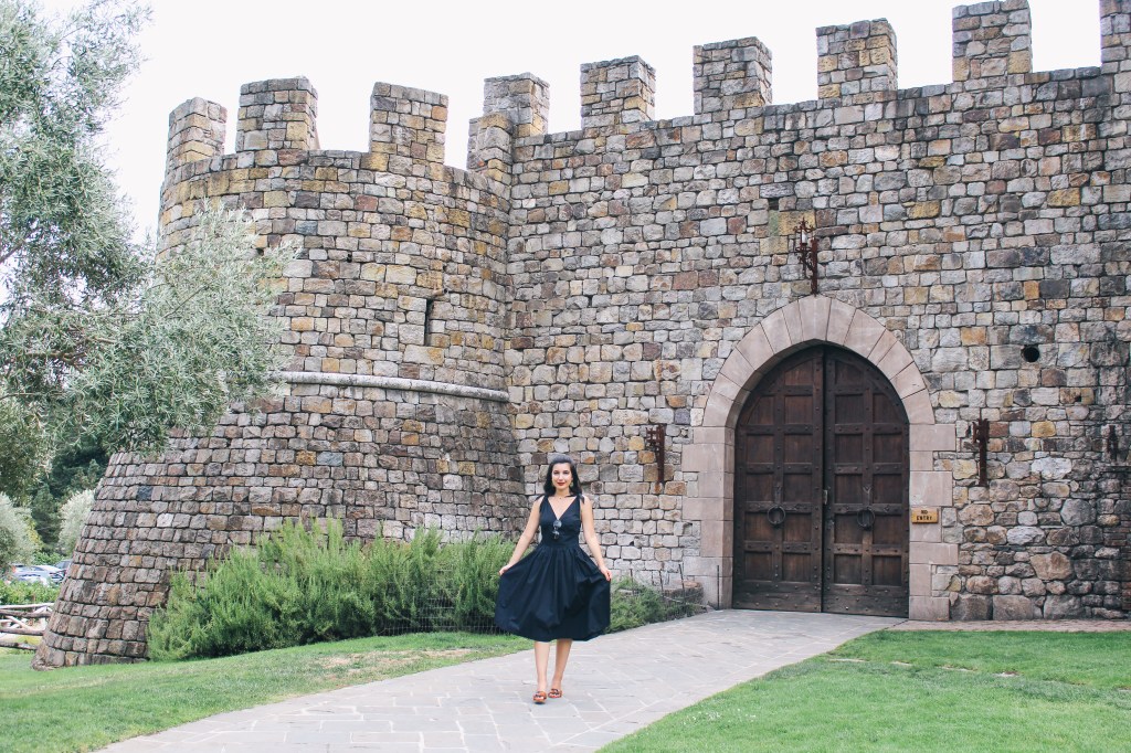 Castello di Amorosa, Napa Valley, wine tasting, Medieval, The Middle Ages, castle, Castello di Amorosa, Calistoga, architecture, Napa outfit, black dress, Fendi, Prada, lookbook, summer style, classic style, chic, fashion editorial