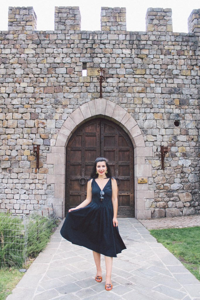 Castello di Amorosa, Napa Valley, wine tasting, Medieval, The Middle Ages, castle, Castello di Amorosa, Calistoga, architecture, Napa outfit, black dress, Fendi, Prada, lookbook, summer style, classic style, chic, fashion editorial