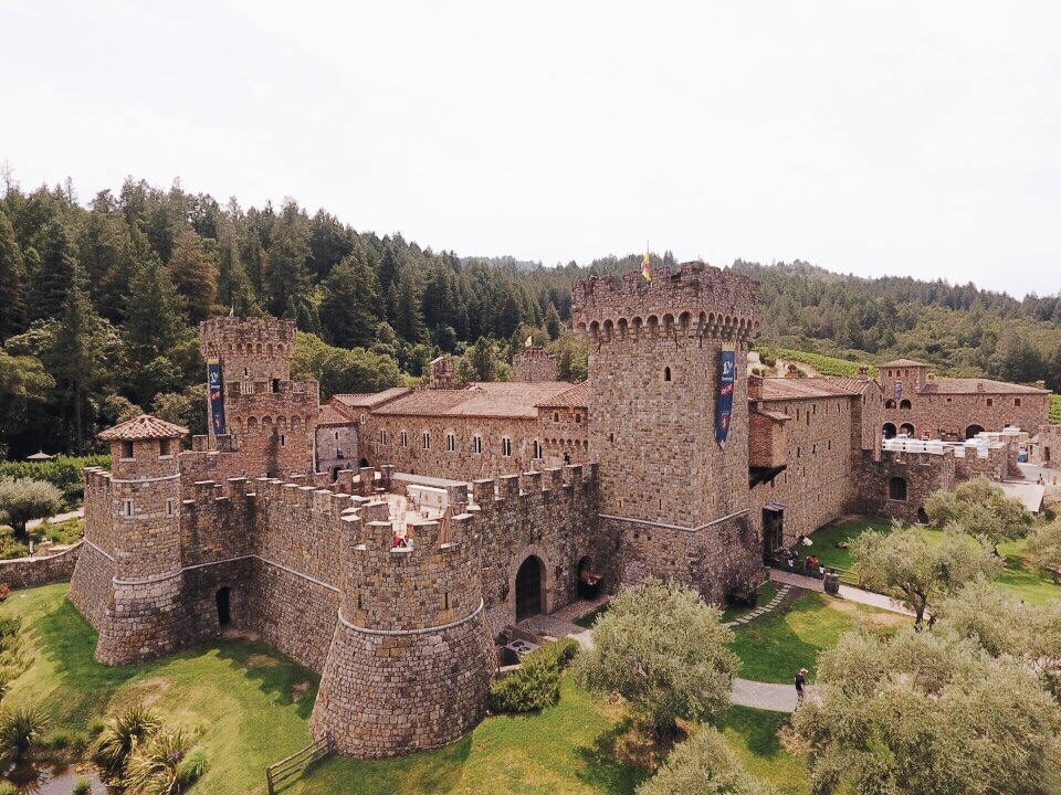 Castello di Amorosa, Napa Valley, wine tasting, Medieval, The Middle Ages, castle, Castello di Amorosa, Calistoga, architecture, Napa outfit, black dress, Fendi, Prada, lookbook, summer style, classic style, chic, fashion editorial, drone photo