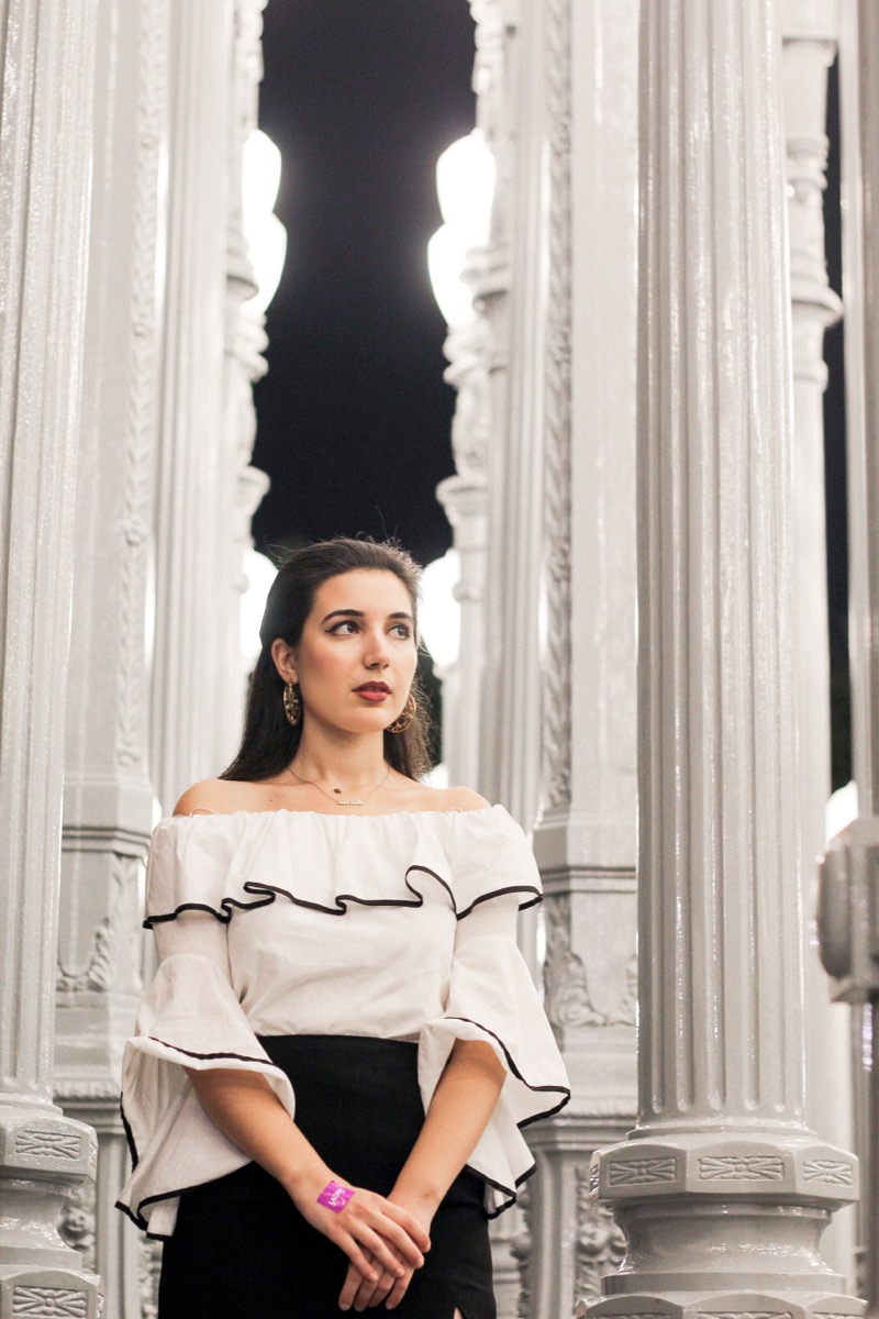 LA, Los Angeles, LACMA, Los Angeles County Museum of Art, lookbook, fashion blogger, ootd, ootn, lotd, belle sleeves, off the shoulder, black skirt, gold hoop earrings, Zara, Juicy Couture, LA street style, street style, influencer, fashion, style, fall fashion, fall style, photoshoot