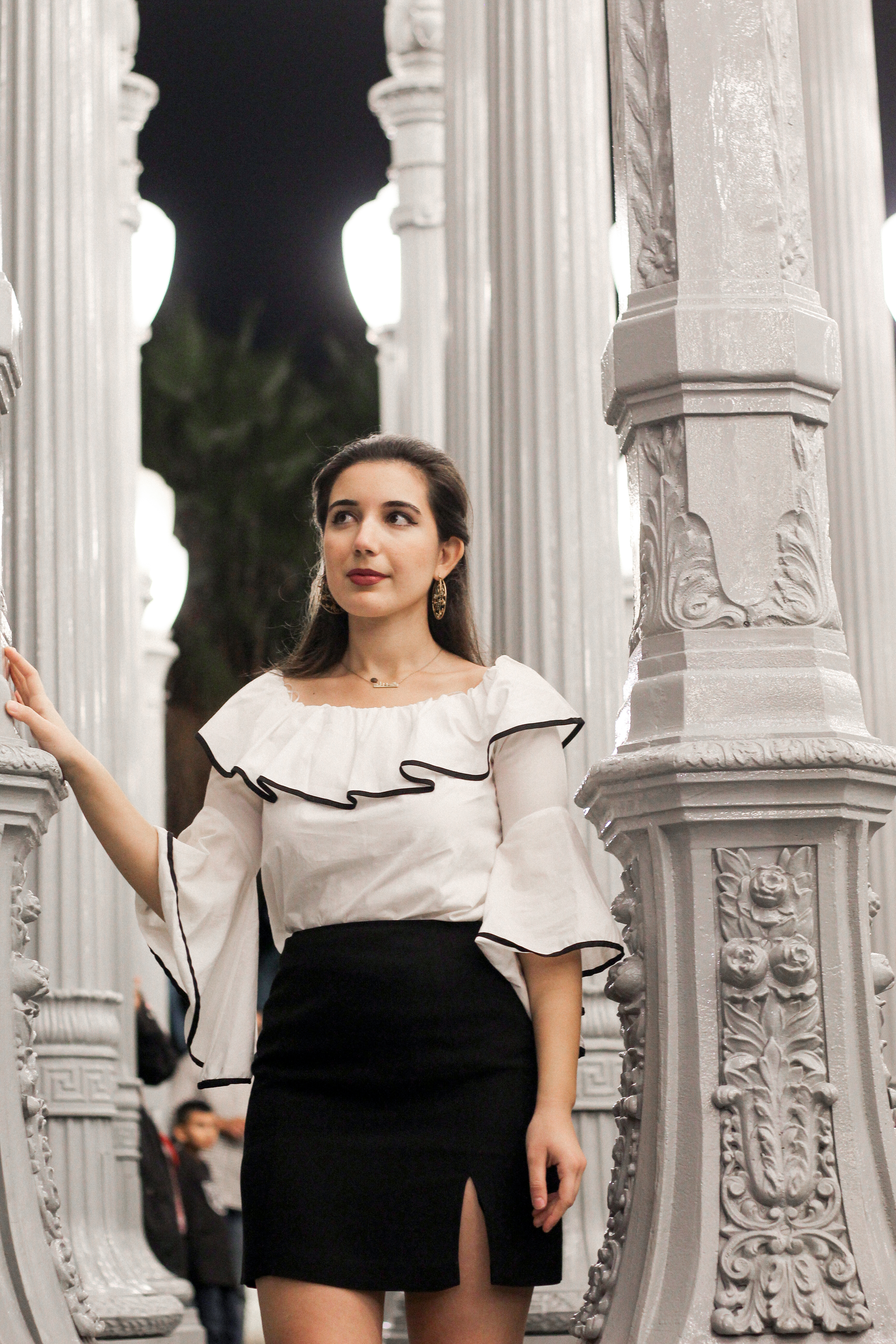 LA, Los Angeles, LACMA, Los Angeles County Museum of Art, lookbook, fashion blogger, ootd, ootn, lotd, belle sleeves, off the shoulder, black skirt, gold hoop earrings, Zara, Juicy Couture, LA street style, street style, influencer, fashion, style, fall fashion, fall style, photoshoot