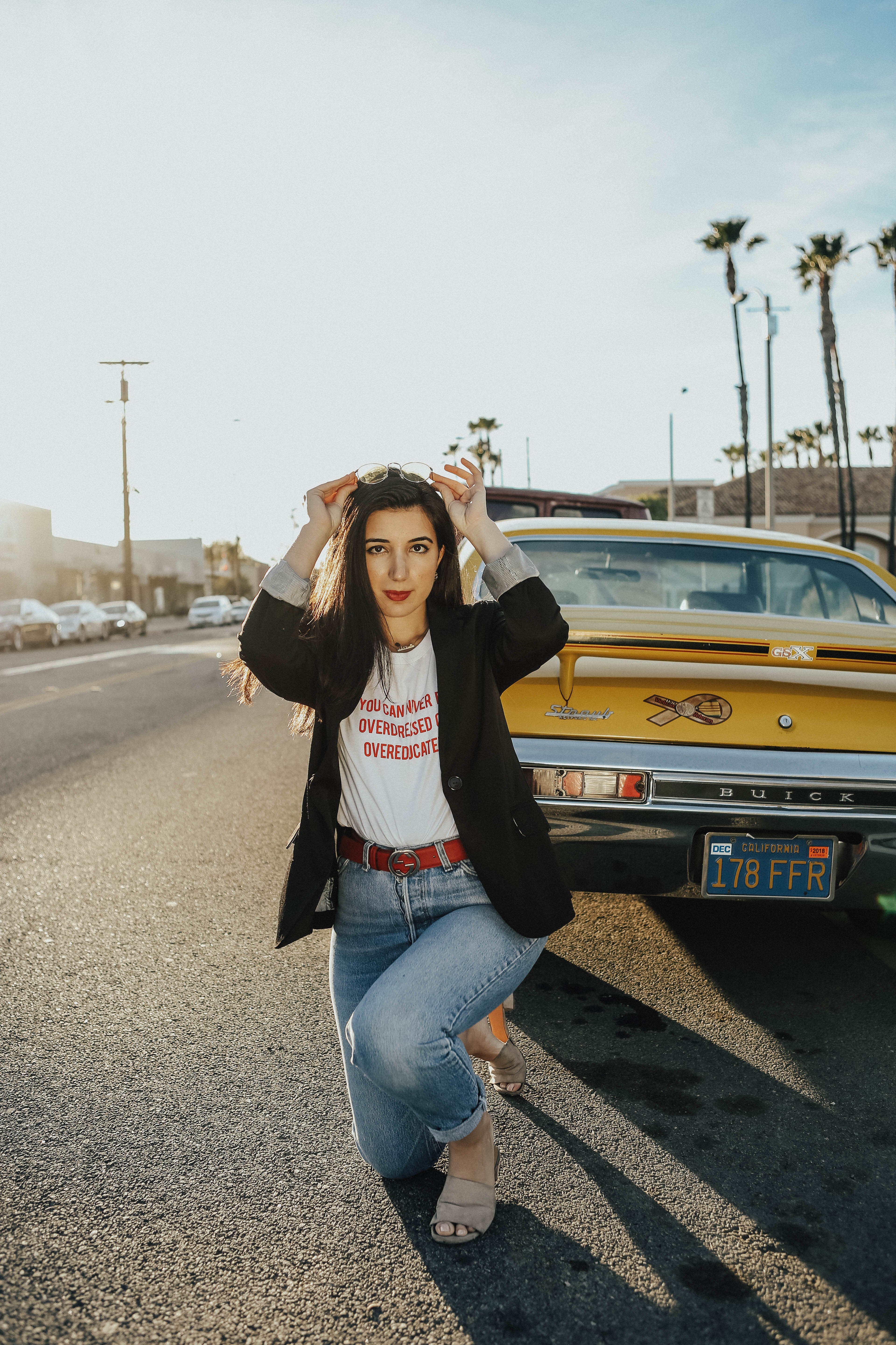 The Style Club, LA, The Style Club La, Gucci, Gucci belt, red lips, Levis, vintage jeans, high waist jeans, T-shirt, blazer, vintage, ootd, outfit of the day, Malibu, ad, sponsored, editorial, fashion blogger, Los Angeles, LA blogger, photography, beauty, fashion, winter fashion, street style, Buick, retro car