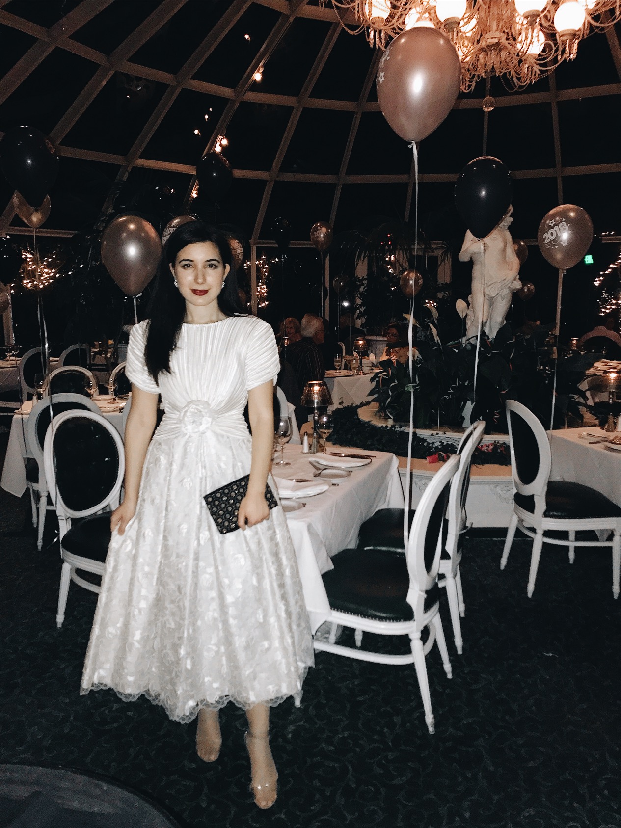 New Years Eve, vintage dress, vintage couture, Sardine Factory, Monterey, California, formal dress, dinner, fancy dinner, fashion blogger, lookbook, ootd, what I wore, fashionista, naked shoes, vintage fashion, vintage style, clutch, 2018