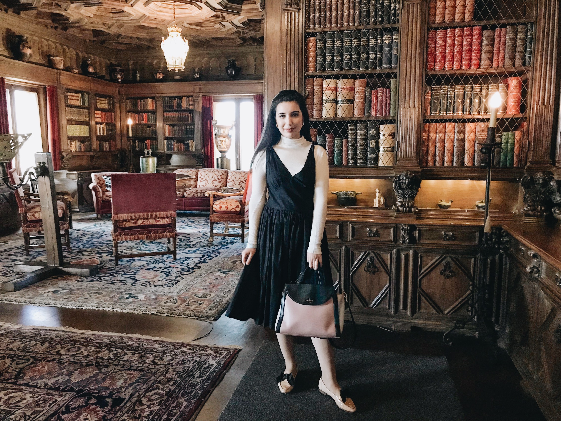 Hearst Castle, California Travel, castle, nineteenth century, lookbook, fashion blogger, fashion, style, style blogger, travel, travel blogger, black dress, white turtleneck, Kate Spade, loafers, European architecture, outfit of the day, ootd, look of the day, Greek architecture, history, 19th Century art