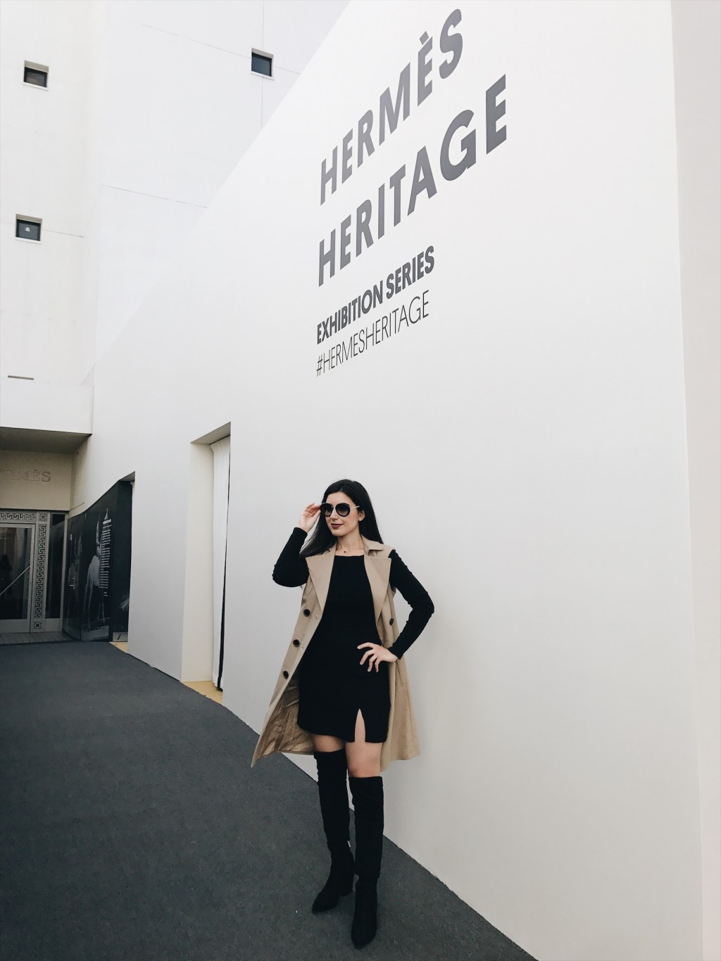Hermes Heritage Beverly Hills Exhibition, Hermes, fashion, fashion exhibits, museum pop up, high fashion, Los Angeles Beverly Hills, fashion blogger, over-the-knee boots, black suede boots Prada sunglasses, trench coat, black skirt, black crop top