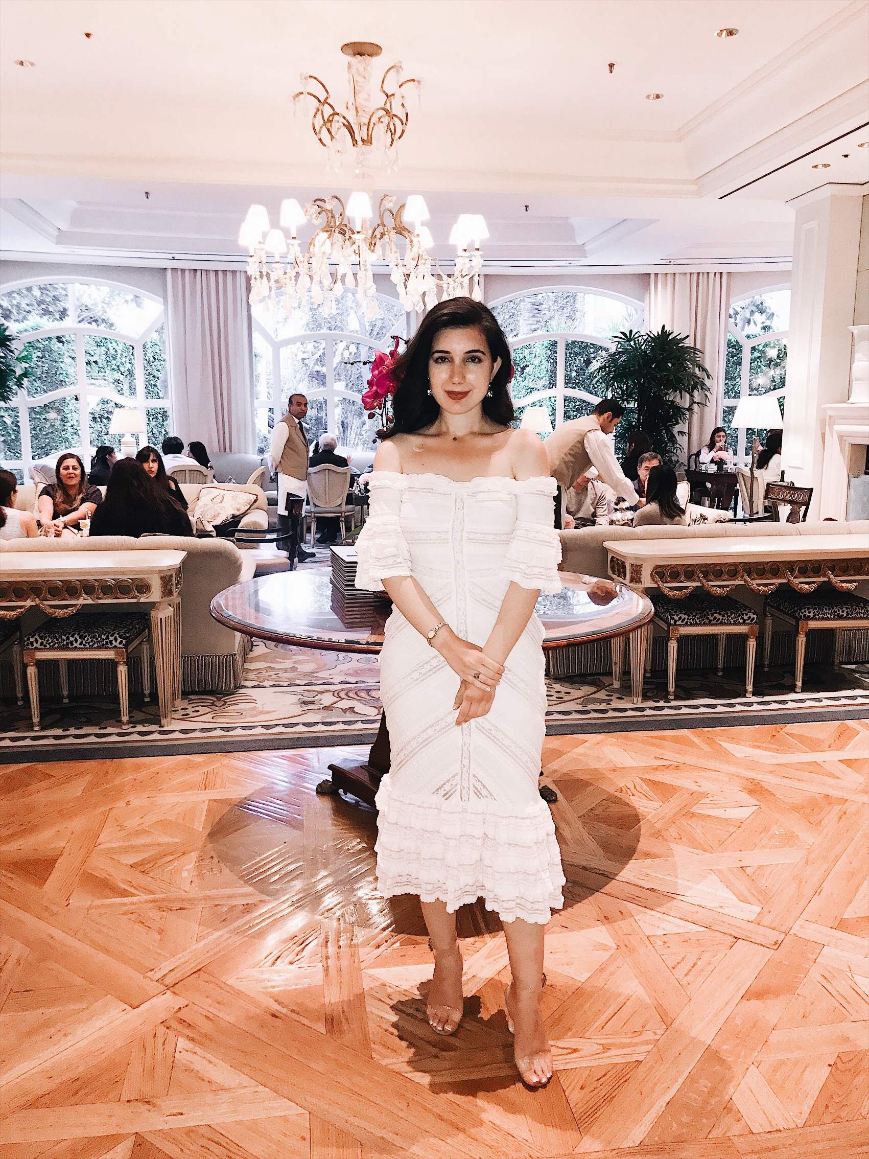 Cinq a Sept, lace dress, off the shoulder dress, Jeffrey Campbell, clear heels, high tea, The Living Room, fashion blogger, fashion, high fashion, spring fashion, lookbook, girly, feminine style, french style