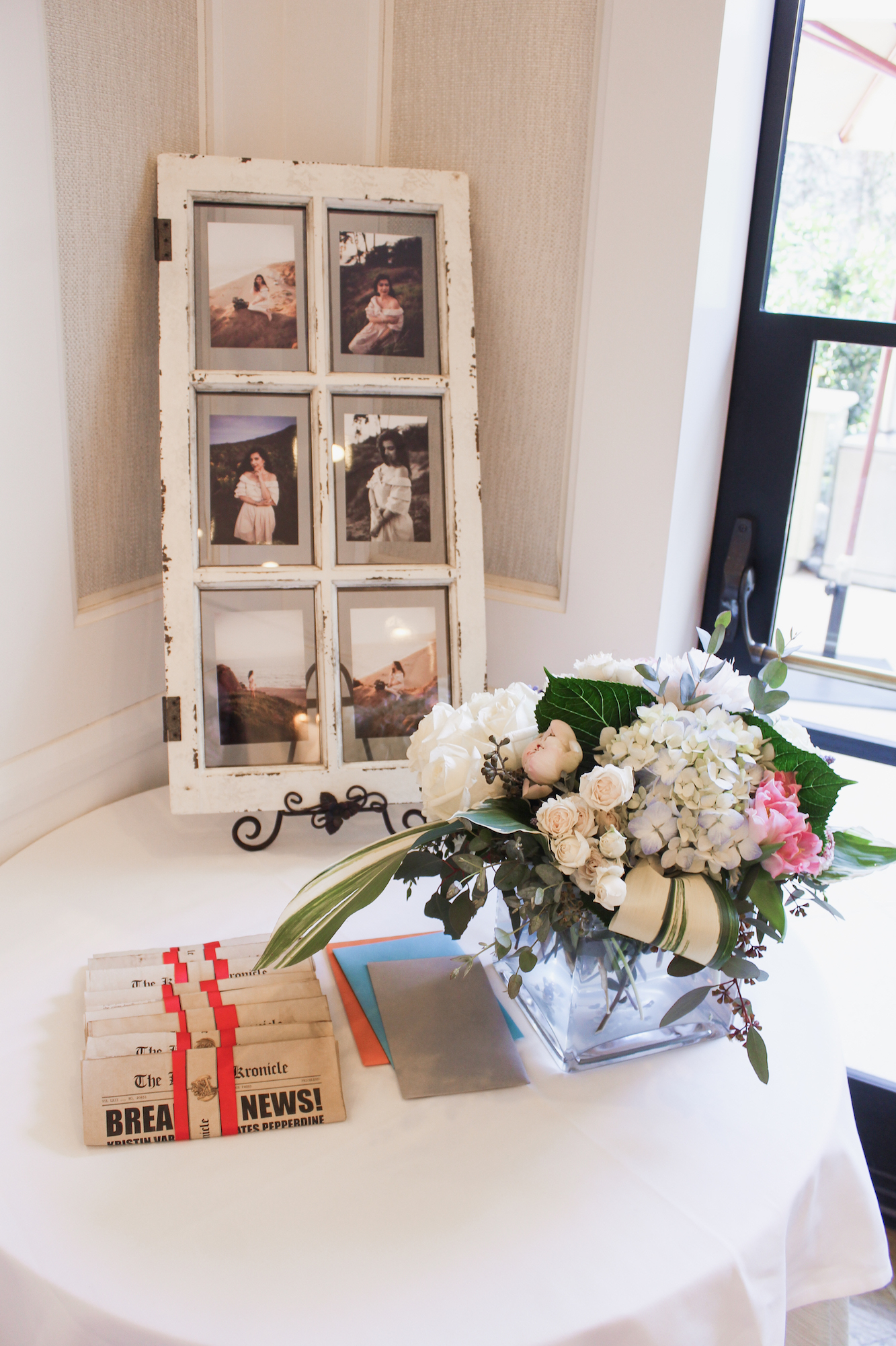 Peninsula Hotel, Beverly Hills, luxury, vintage newspaper runner, vintage newspapers, Etsy, flower arrangements, afternoon tea, hydrangeas, roses, peonies, pastel decorations, graduation party decorations