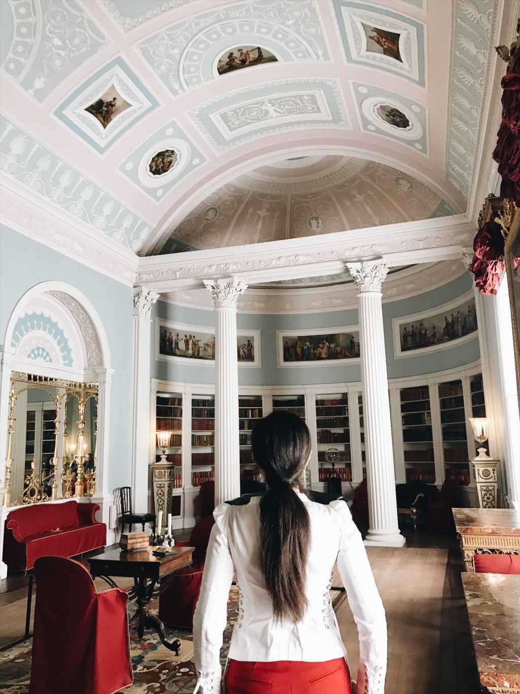 red trousers, MANGO, Betsey Johnson, Zara, red lips, high waist pants, lookbook, fashion blogger, white corset top, Kenwood House, Georgian, eighteenth century, ootd, outfit of the day, look of the day, London, UK, United Kingdom, library, travel blogger, wanderlust, London lookbook, London fashion, London blogger