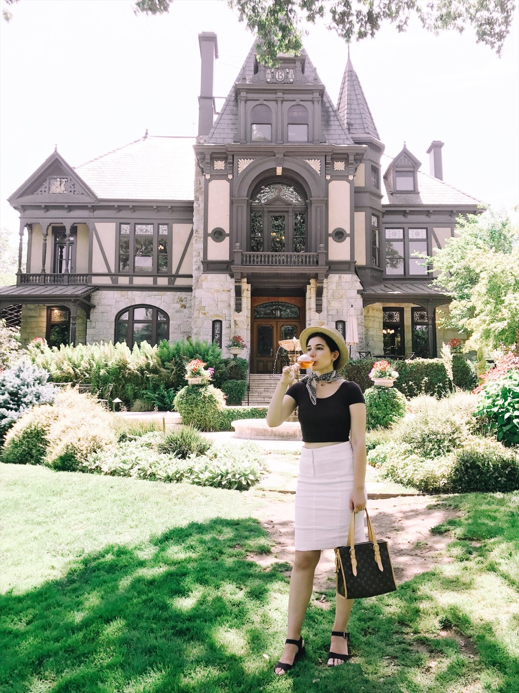 St. Helena, Beringer wine, Beringer Winery, Victorian house, Napa Valley, wine tasting, fashion blogger, Napa outfit, ootd, outfit of the day, lookbook, fashion blogger, California outfit, silk scarf, pencil skirt, white skirt, suede sandals, sandals, french fashion, straw hat, crop top, Louis Vuitton, Louis Vuitton bag, summer fashion, summer outfit, what I wore
