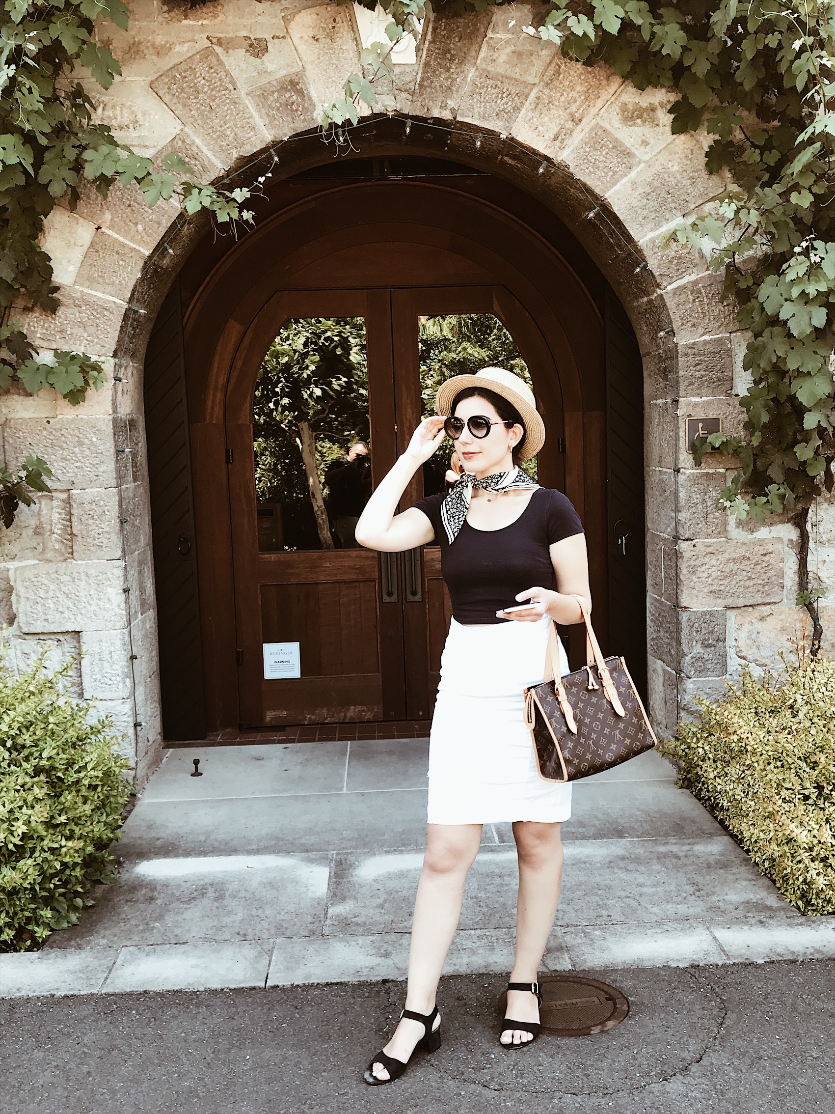 St. Helena, Beringer wine, Beringer Winery, Victorian house, Napa Valley, wine tasting, fashion blogger, Napa outfit, ootd, outfit of the day, lookbook, fashion blogger, California outfit, silk scarf, pencil skirt, white skirt, suede sandals, sandals, french fashion, straw hat, crop top, Louis Vuitton, Louis Vuitton bag, summer fashion, summer outfit, what I wore