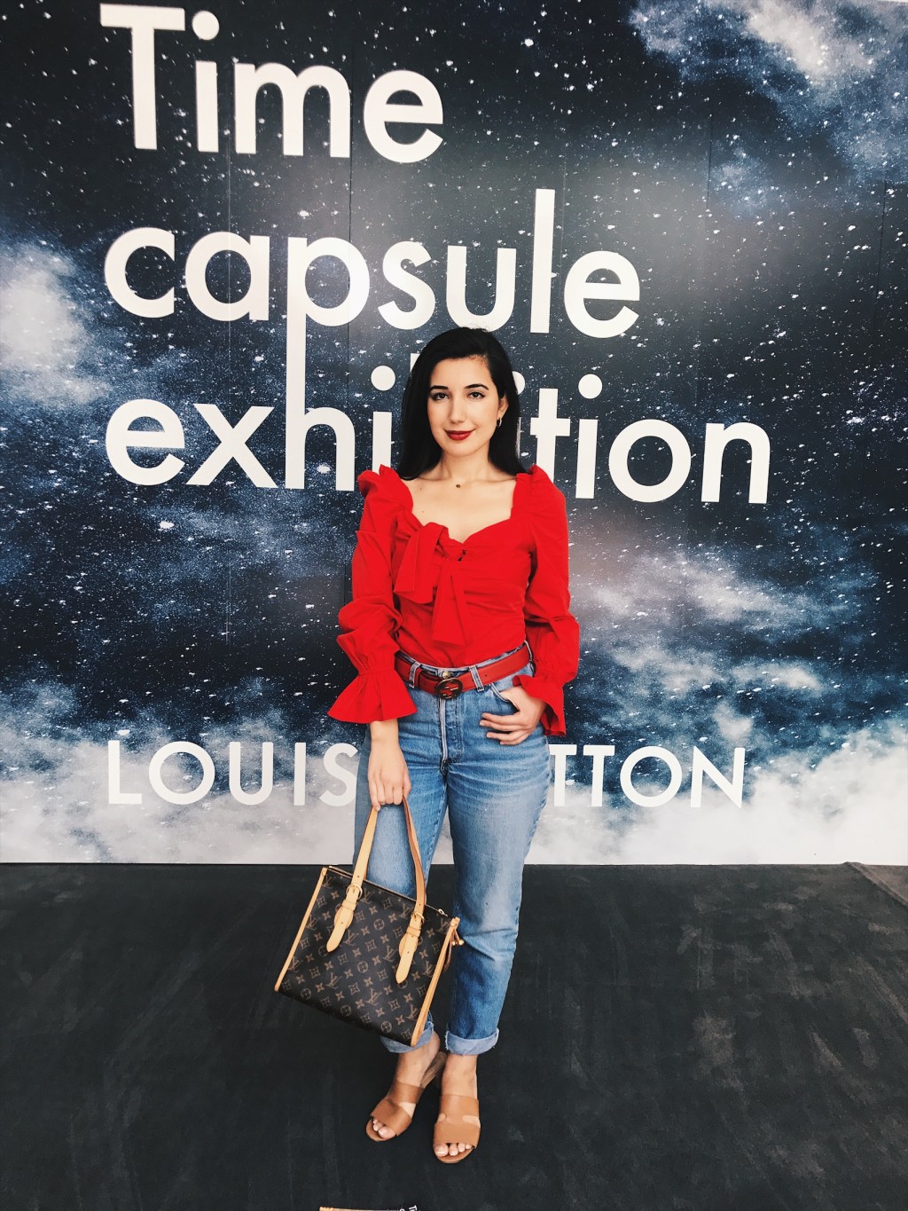 Louis Vuitton Time Capsule Exhibition LA, Lucy Paris, Louis Vuitton, Louis Vuitton bag, Gucci belt, red top, Levis, lookbook, fashion blogger, pop up exhibit, LA style, belle sleeves, red lips, style, ootd, outfit of the day, fashionista, slides, vintage