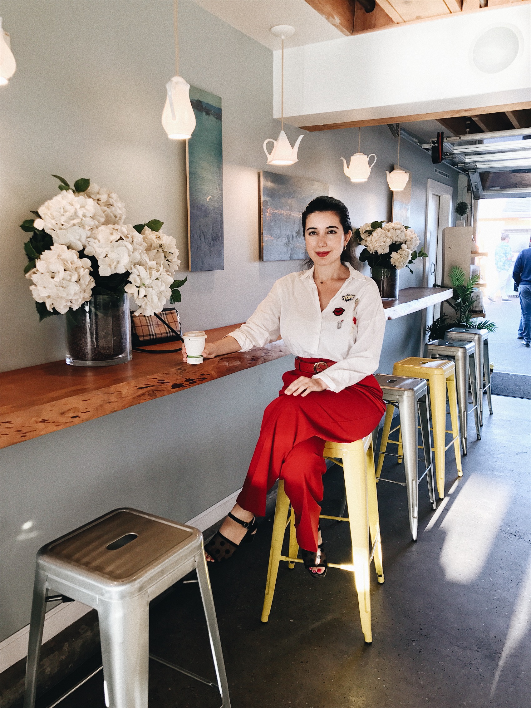 fashion blogger, red, red lips, red trousers, Monterey, CA, summer fashion, lookbook, outfit of the day, gold hoop earrings, oceanside, coffee shop, photography, Water and Leaves, Monterey, blogger, ootd, lotd, fashion advice, button down top, Zara, Mango, Gucci belt