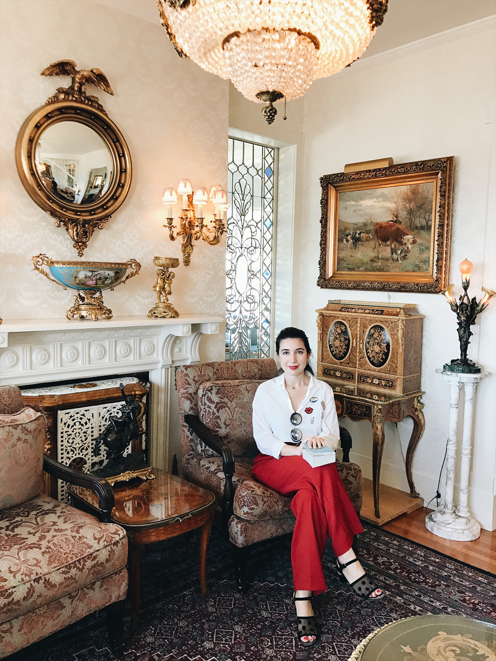 fashion blogger, red, red lips, red trousers, Monterey, CA, summer fashion, lookbook, outfit of the day, gold hoop earrings, oceanside, book photography, photography, bed and breakfast, B&B, Seven Gables Inn, Monterey, blogger, ootd, lotd, fashion advice, button down top, Zara, Mango, Gucci belt