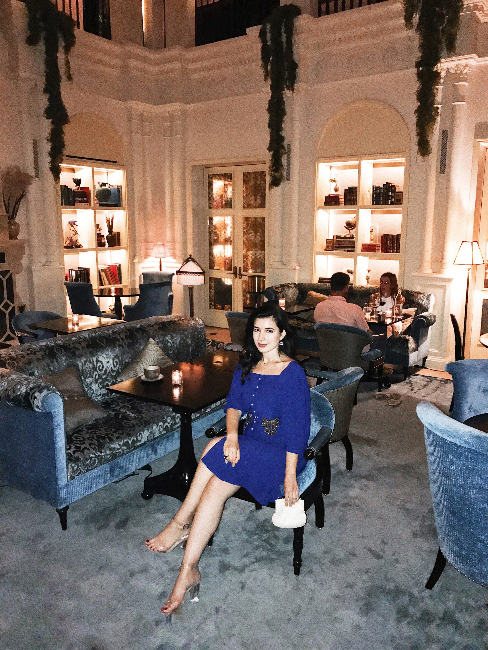 Sister Jane, blue dress, formal dress, cocktail dress, fancy dinner, NoMad Restaurant, NoMad Hotel, Downtown Los Angeles, DTLA, best restaurants in Downtown Los Angeles, vintage dress, ootd, ootn, stylek, fashion blogger, style blogger, look of the day, lifestyle, bookish restaurant, rhinestones, pearls, what I wore, curly hair