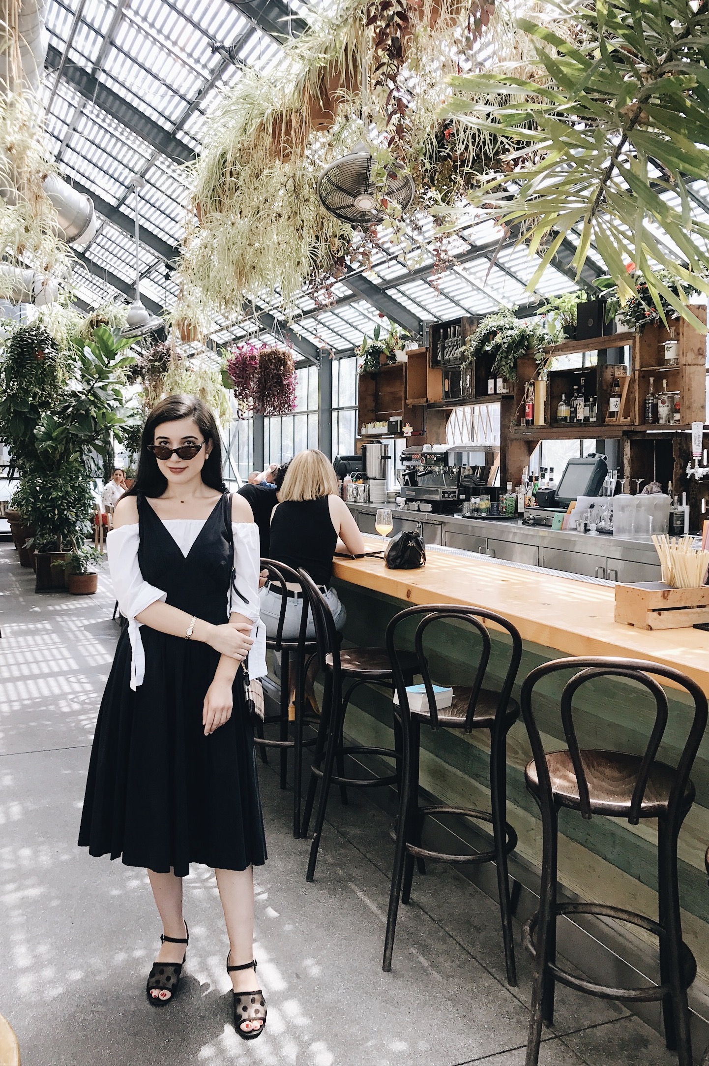 vintage style, peasant top, pinafore, black summer dress, Zara, lookbook, ootd, outfit of the day, look of the day, brunch outfit, fashion, style, lifestyle, The Line Hotel LA, The Commissary, brunch, Burberry, vintage earrings, fashion blogger, style blogger, summer outfit, LA style, best brunch in Los Angeles,