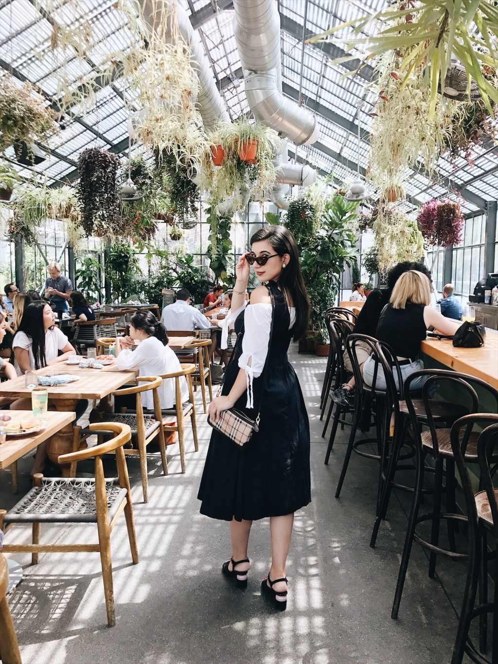 vintage style, peasant top, pinafore, black summer dress, Zara, lookbook, ootd, outfit of the day, look of the day, brunch outfit, fashion, style, lifestyle, The Line Hotel LA, The Commissary, brunch, Burberry, vintage earrings, fashion blogger, style blogger, summer outfit, LA style, best brunch in Los Angeles,