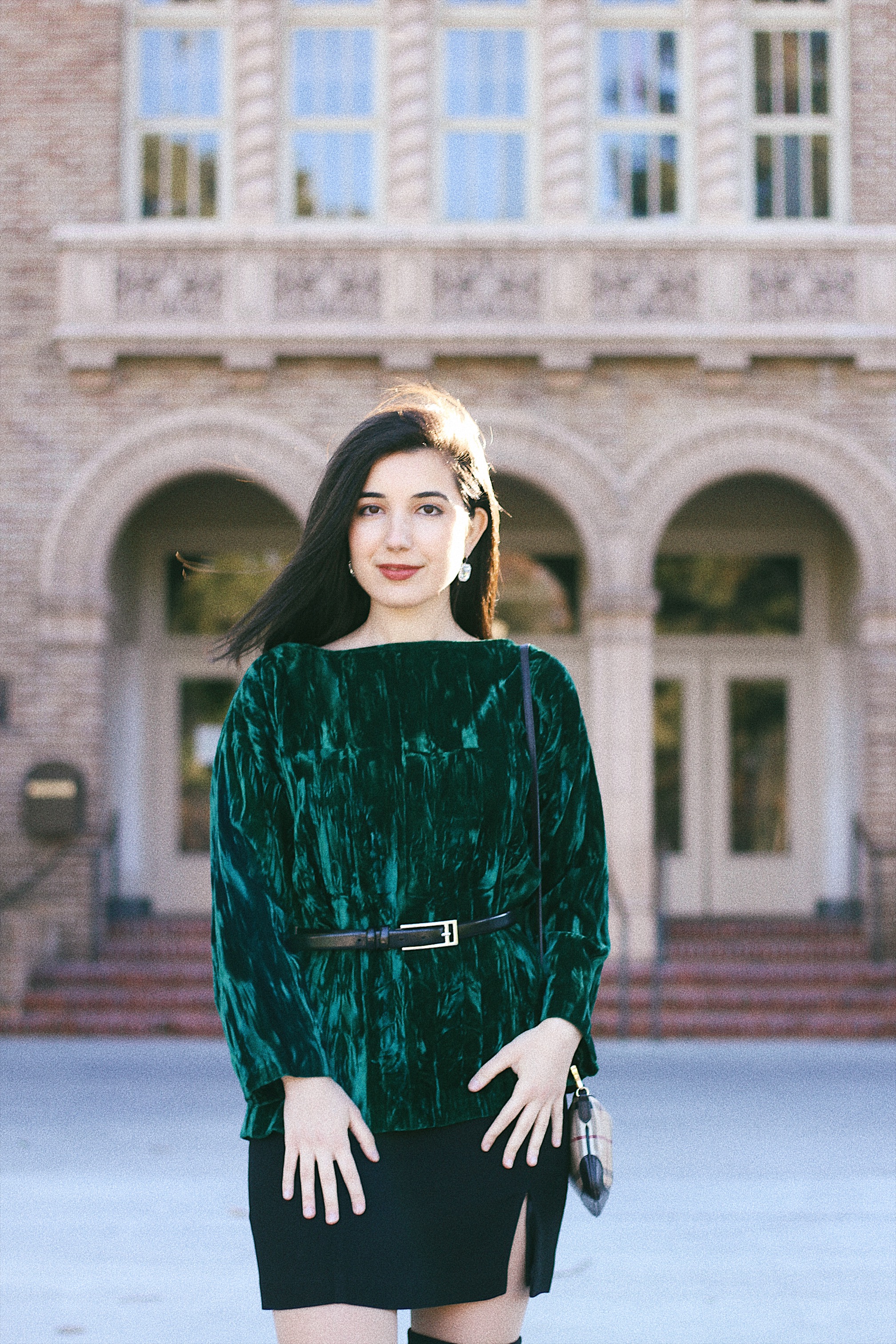 New Year's Eve lookbook, fashion blogger, style blogger, lookbook, outfit of the night, green velvet, over-the-knee boots, belted top, New Year's Eve, NYE