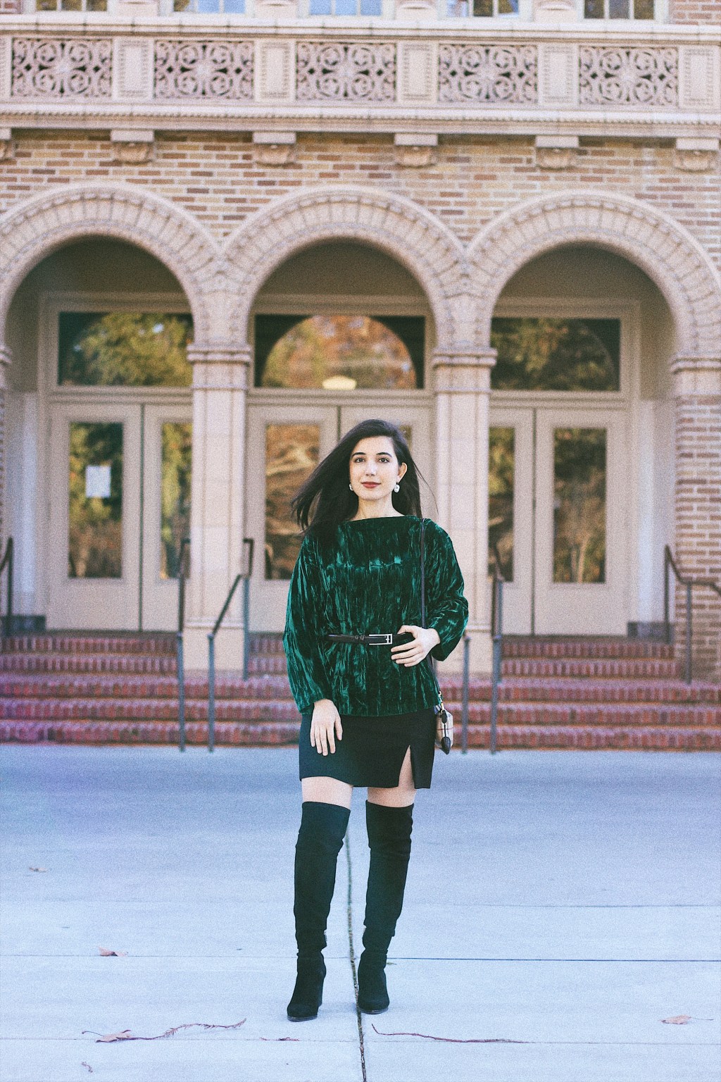 New Year's Eve lookbook, fashion blogger, style blogger, lookbook, outfit of the night, green velvet, over-the-knee boots, belted top, New Year's Eve, NYE