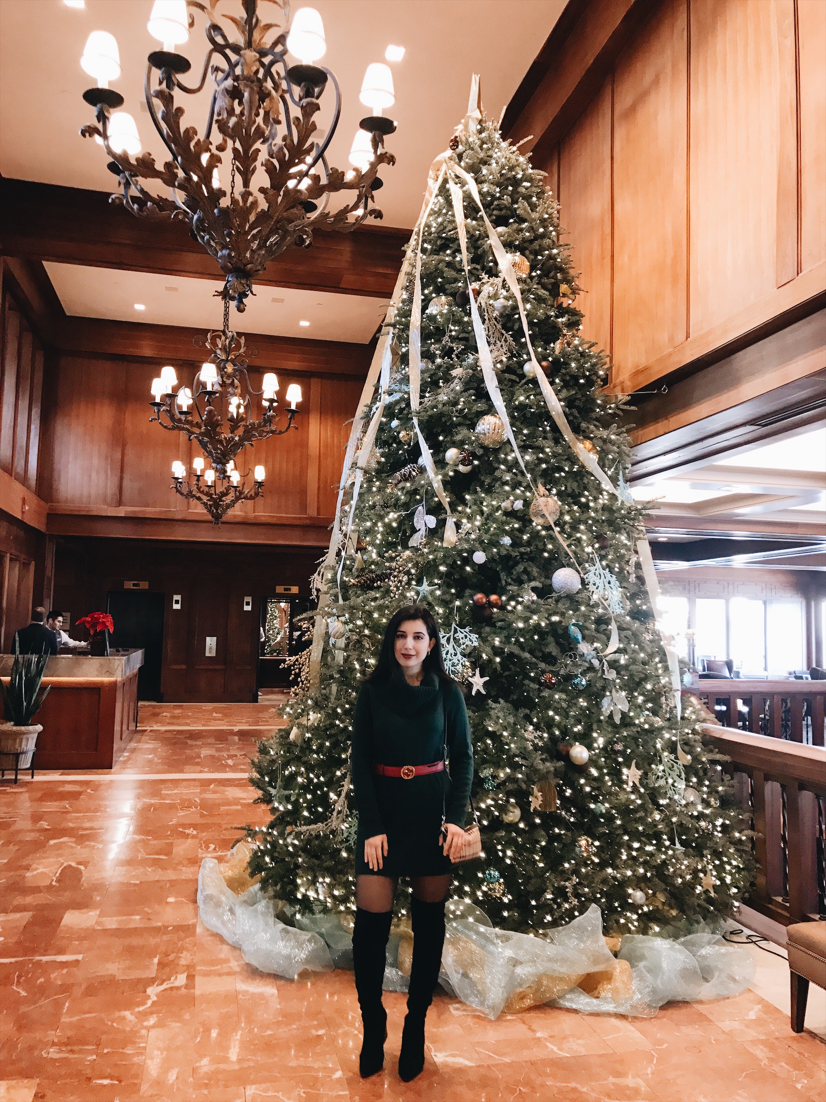 Monterey Plaza Hotel and Spa, green and red outfit, Christmas outfit, winter style, winter outfit, lookbook, outfit of the day, ootd, look of the day, over-the-knee boots, Gucci, Gucci belt, H&M, suede boots, red lipstick