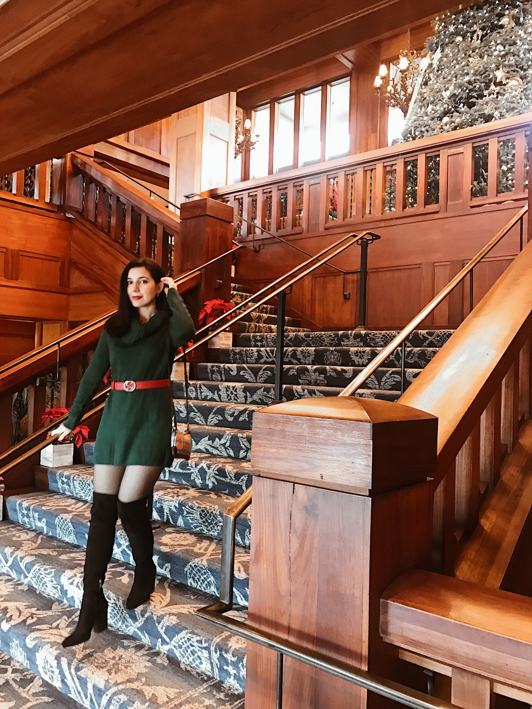 Monterey Plaza Hotel and Spa, green and red outfit, Christmas outfit, winter style, winter outfit, lookbook, outfit of the day, ootd, look of the day, over-the-knee boots, Gucci, Gucci belt, H&M, suede boots, red lipstick