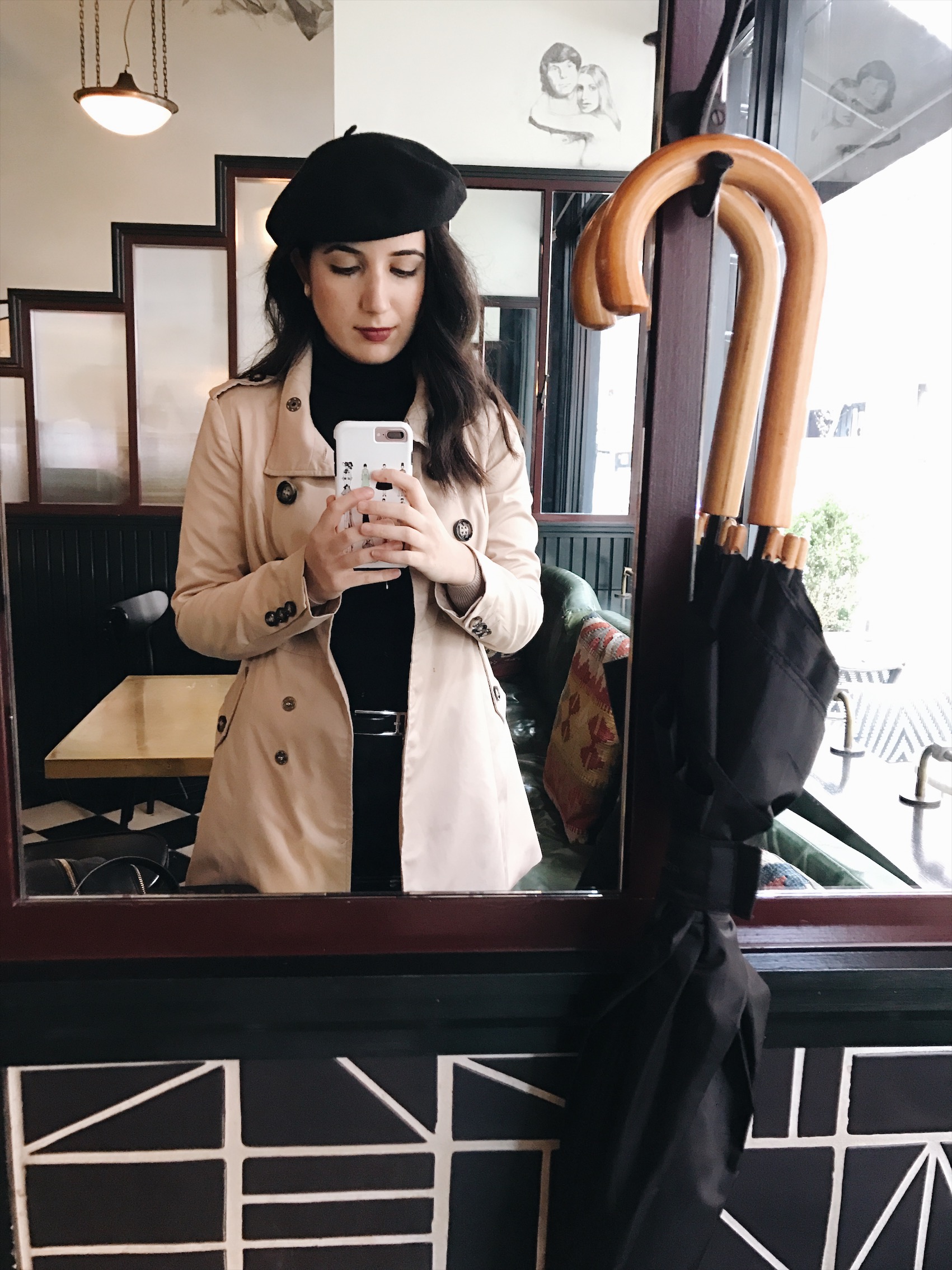 lookbook, fashion blogger, fashion, style, style blogger, travel, travel blogger, beret, outfit of the day, ootd, look of the day, French fashion, Parisian fashion, trench coat, black turtleneck, red lipstick, ankle boots, Steve Madden ankle boots, black trousers, winter style, winter fashion