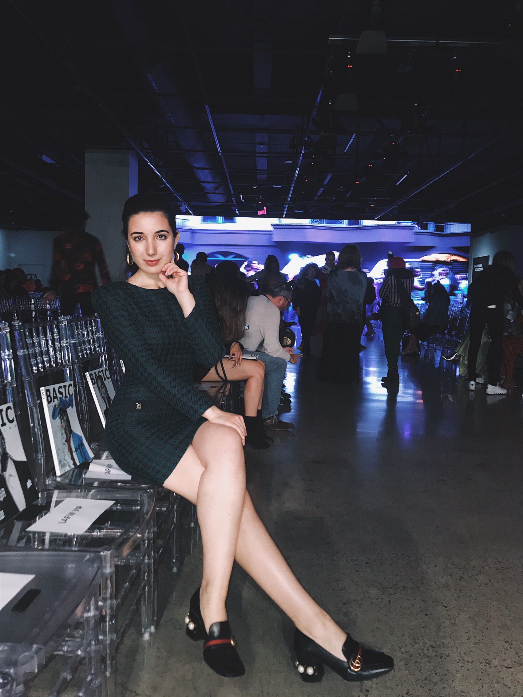fashion blogger, lookbook, outfit of the day, ootd, outfit of the night, ootn, hounds tooth, '80s style, '80s fashion, gold earrings, Gucci shoes, Gucci loafers, LAFW, LA Fashion Week, style, fashion, dress, hounds tooth dress, 