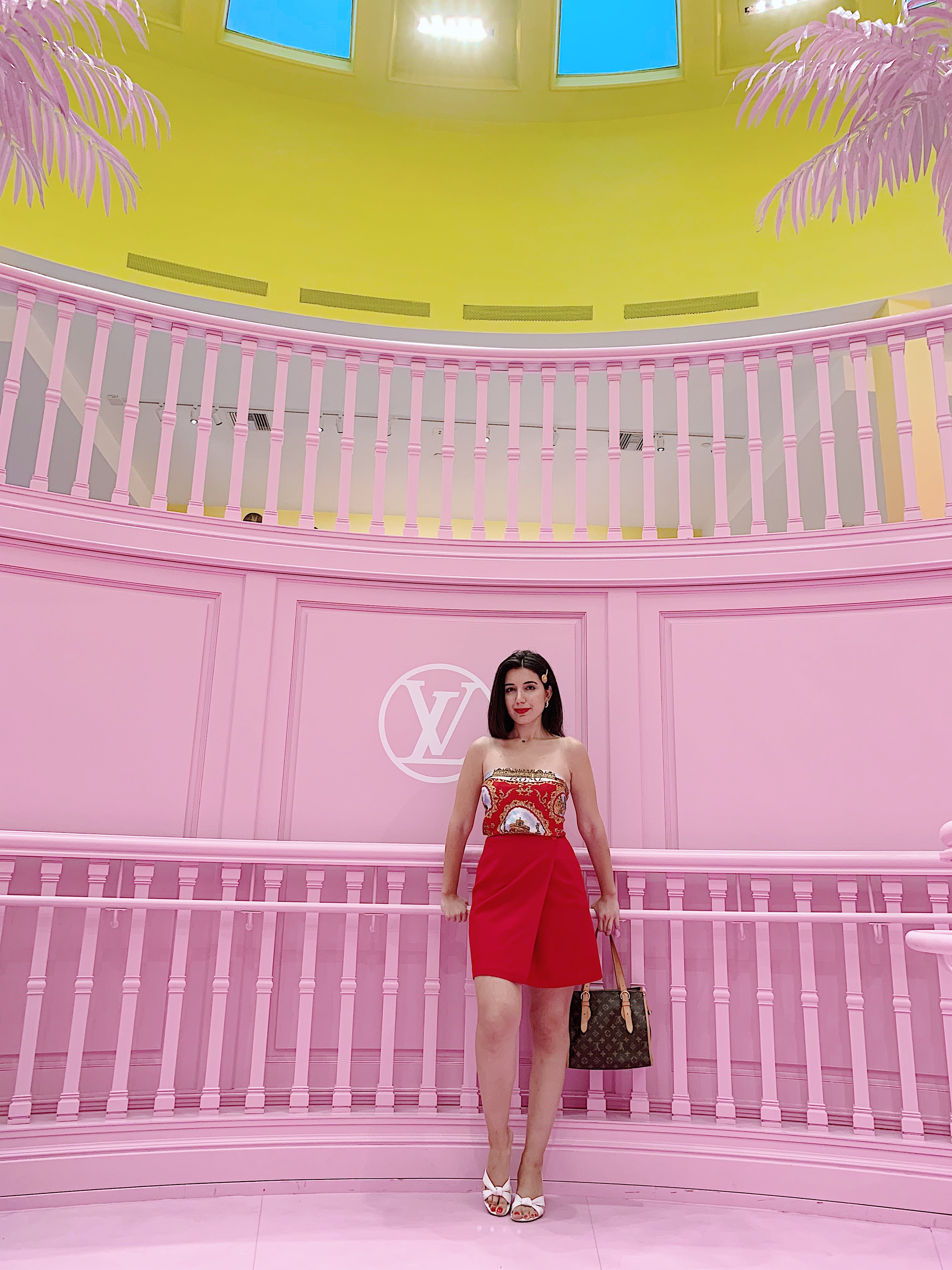 Louis Vuitton X, LVX, Louis Vuitton, Beverly Hills, Louis Vuitton Beverly Hills, lookbook, Los Angeles, LA fashion blogger, look of the day, ootd, outfit of the day, summer fashion, scarf top, Versace hair clip, red skirt, short hair, red lips, vintage fashion