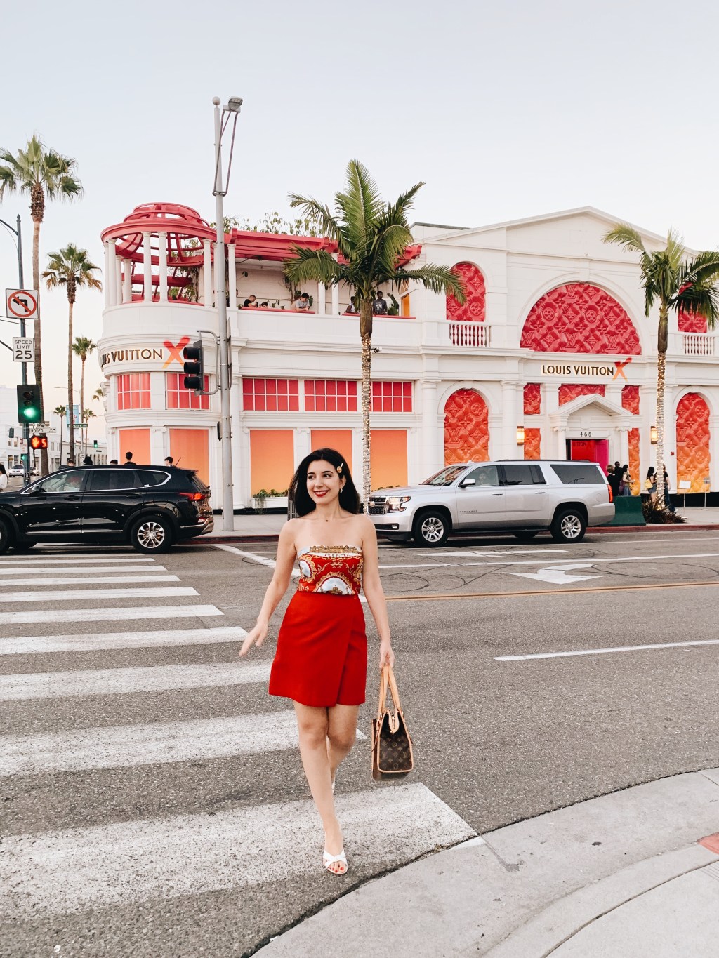 Louis Vuitton X, LVX, Louis Vuitton, Beverly Hills, Louis Vuitton Beverly Hills, lookbook, Los Angeles, LA fashion blogger, look of the day, ootd, outfit of the day, summer fashion, scarf top, Versace hair clip, red skirt, short hair, red lips, vintage fashion