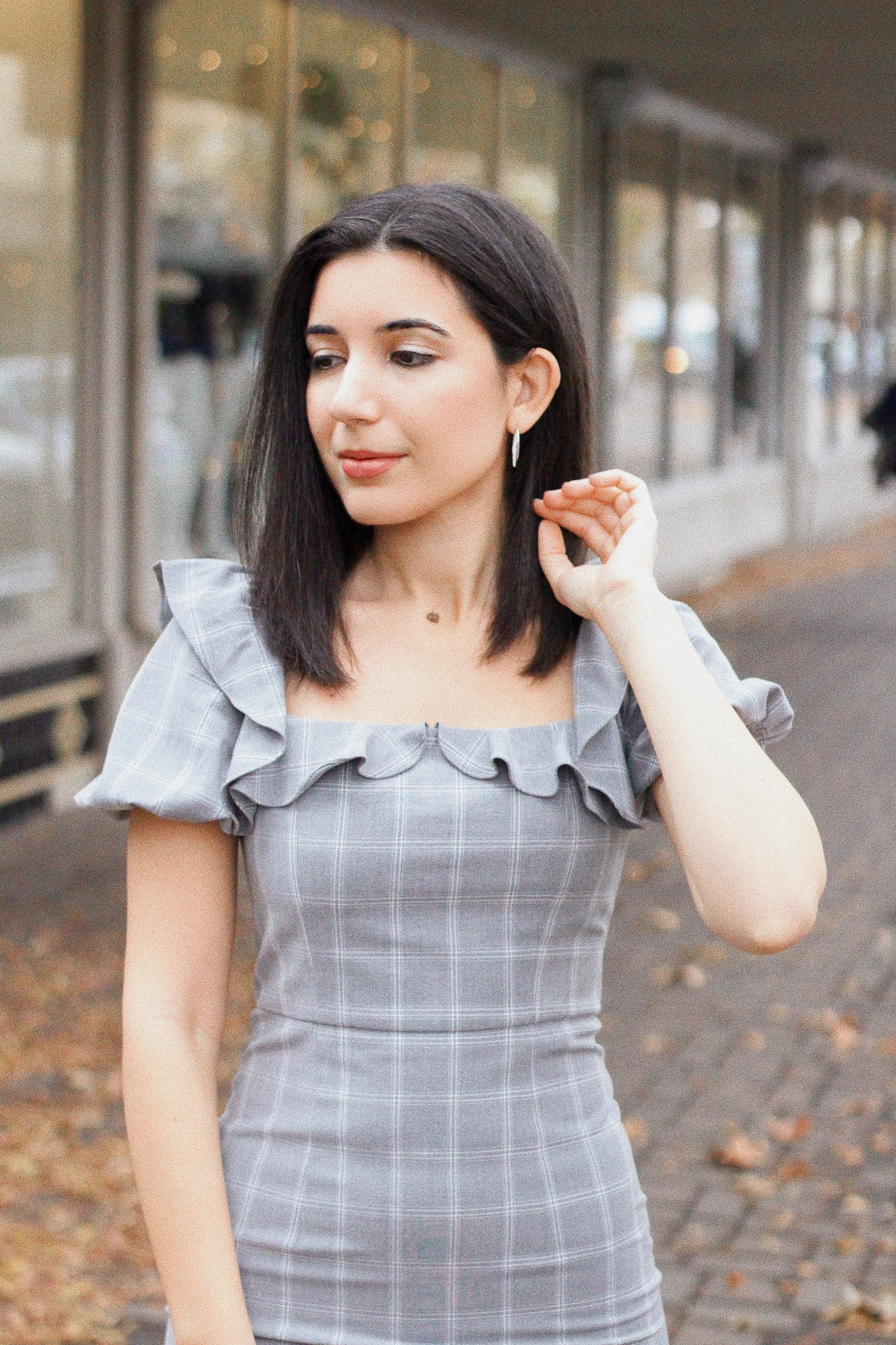 J.ing, winter fashion, winter style, winter style 2019, fashion editorial, lookbook, ootd magazine, plaid dress, gray dress, ruffles, puffy sleeves, silver hoop earrings, fashion blogger, vintage style, Little Women fashion, over-the-knee boots, suede black boots