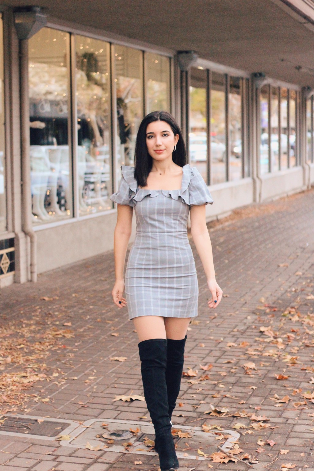 J.ing, winter fashion, winter style, winter style 2019, fashion editorial, lookbook, ootd magazine, plaid dress, gray dress, ruffles, puffy sleeves, silver hoop earrings, fashion blogger, vintage style, Little Women fashion, over-the-knee boots, suede black boots