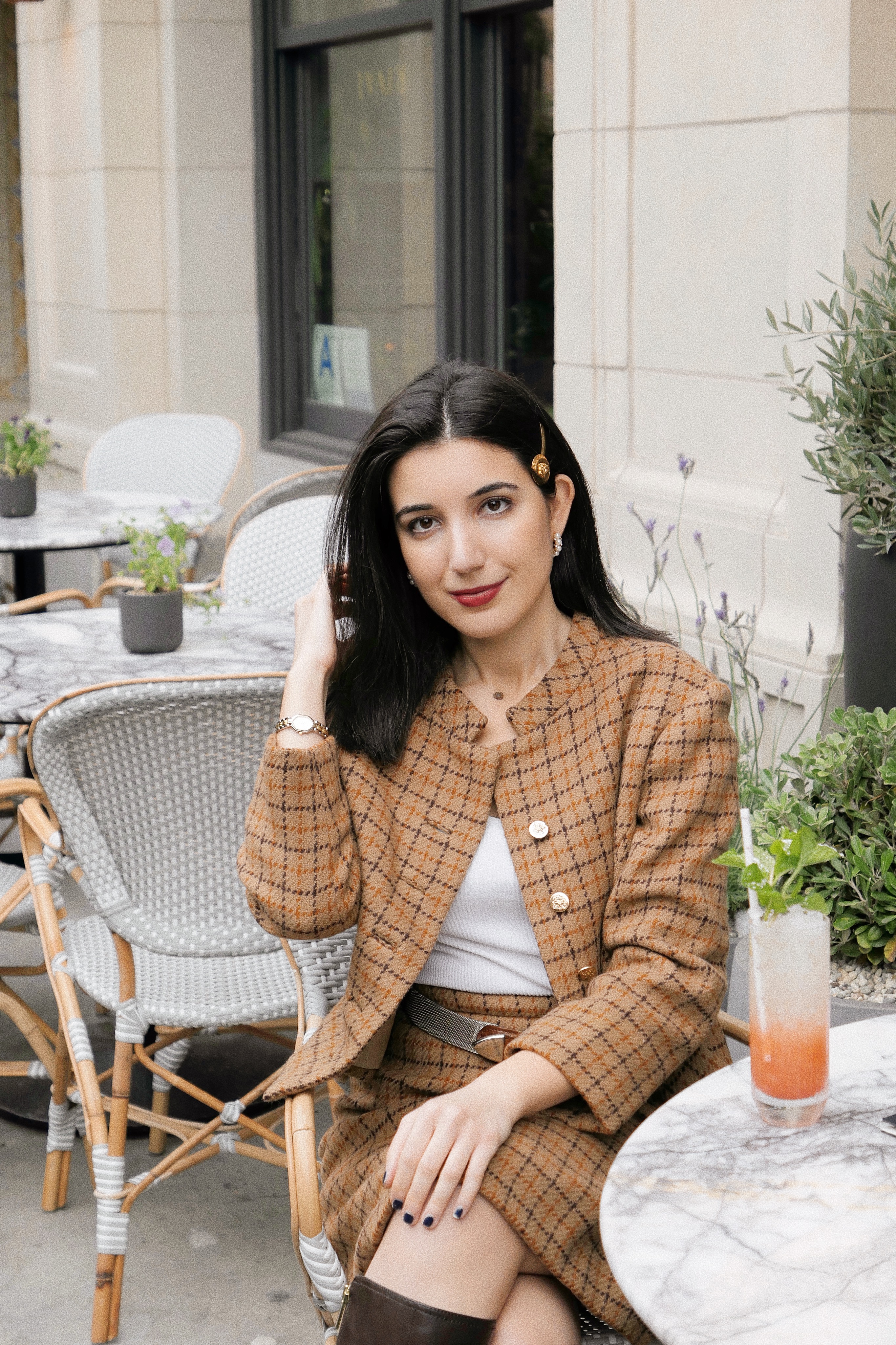 The Hoxton DTLA, DTLA, Dowtnown Los Angeles, lookbook, fashion blogger, Los Angeles fashion blogger, tweed, Barneys New York, tweed suit, skirt suit, plaid suit, knee high boots, Tommy Hilfiger boots, vintage, Versace, Versace hairpin, ootd, outfit of the day