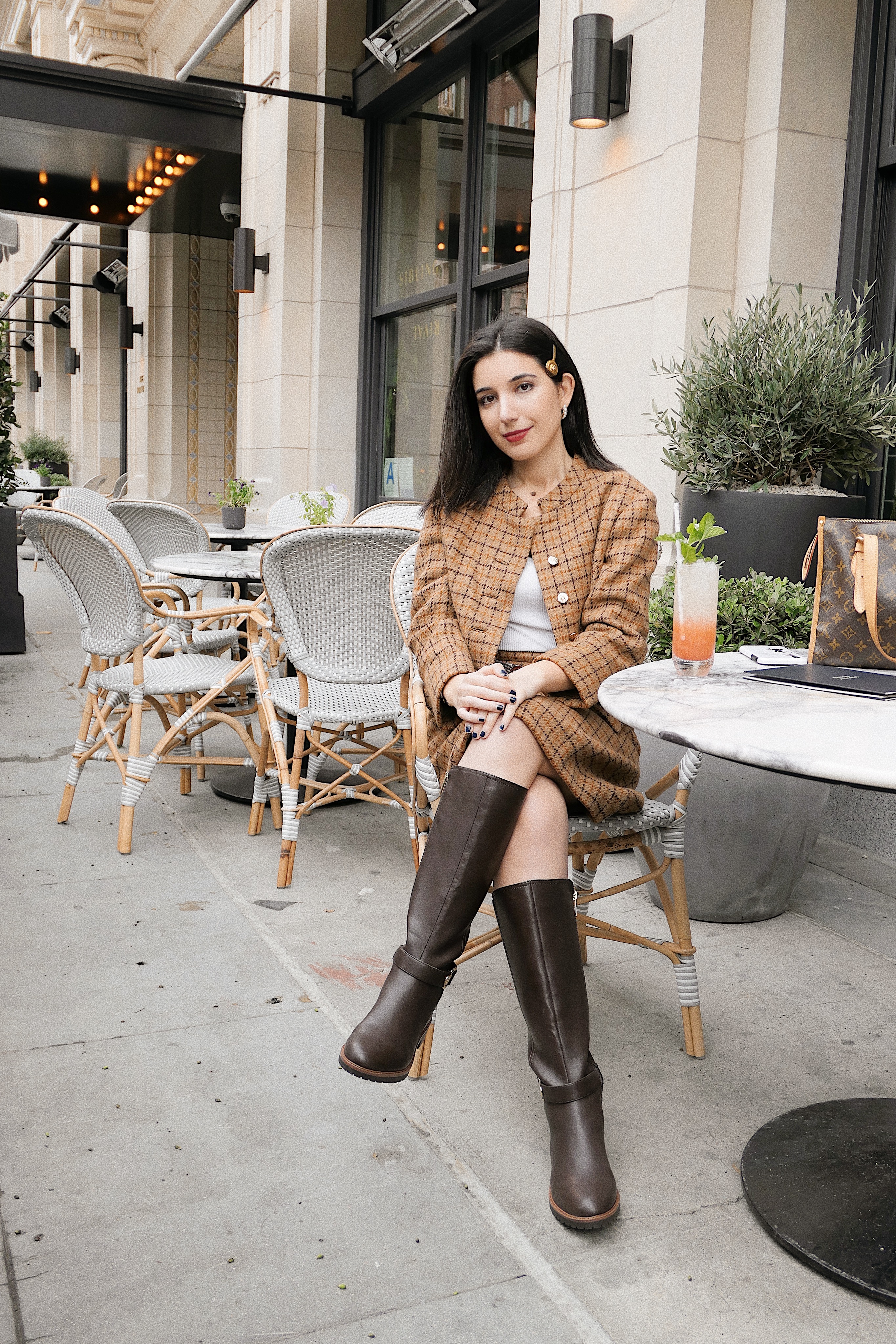 The Hoxton DTLA, DTLA, Dowtnown Los Angeles, lookbook, fashion blogger, Los Angeles fashion blogger, tweed, Barneys New York, tweed suit, skirt suit, plaid suit, knee high boots, Tommy Hilfiger boots, vintage, Versace, Versace hairpin, ootd, outfit of the day, al fresco dining