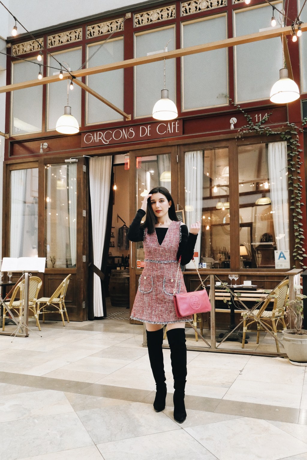 Garçons de Café, Spring Street Arcade, Downtown Los Angeles, LA city guide, Los Angeles restaurants, Best Los Angeles restaurants, cafe, cafe style, coffee shop, Los Angeles coffee shops, LA eats, tweed, Zara, Tory Burch purse, pink outfit