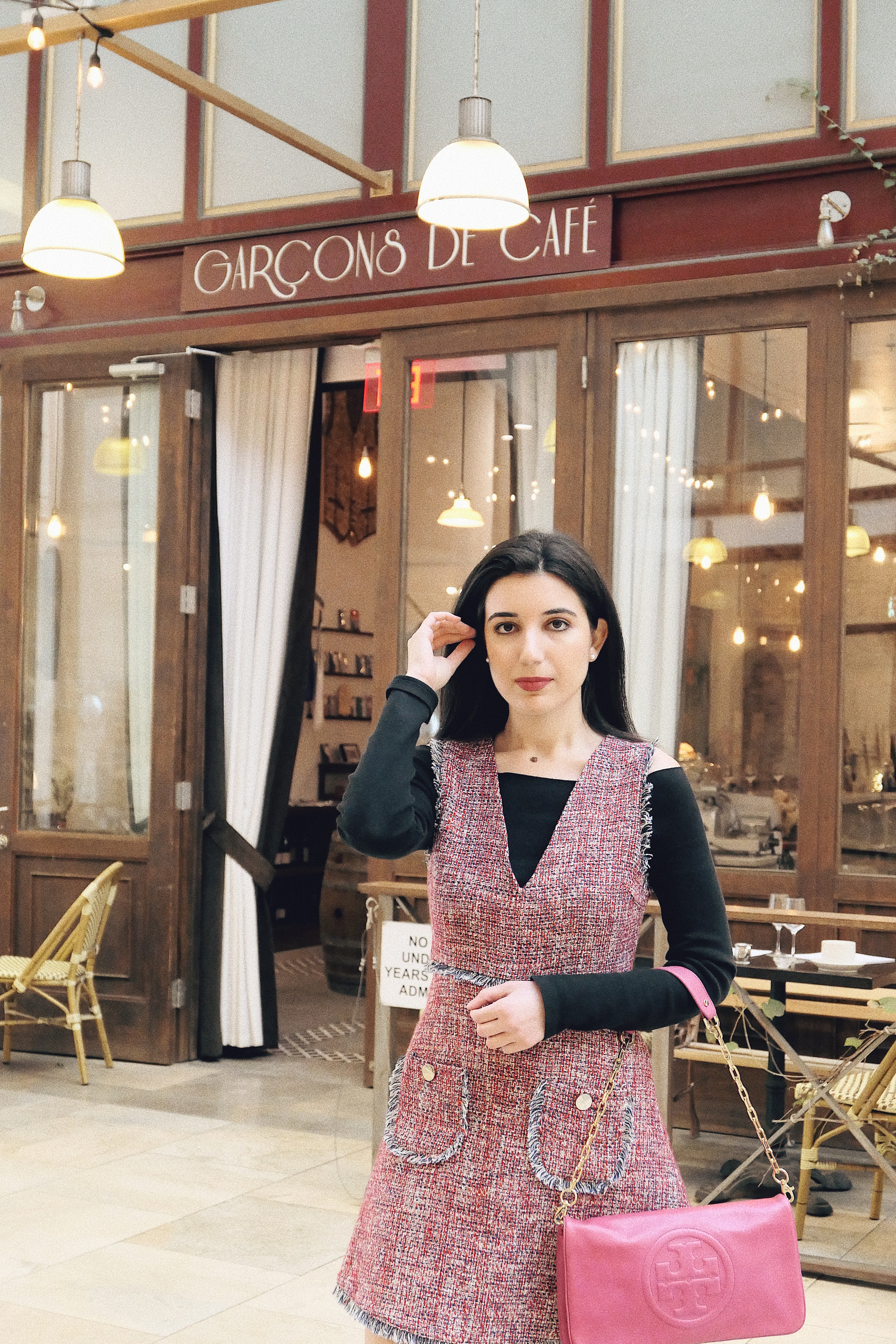 Garçons de Café, Spring Street Arcade, Downtown Los Angeles, LA city guide, Los Angeles restaurants, Best Los Angeles restaurants, cafe, cafe style, coffee shop, Los Angeles coffee shops, LA eats, tweed, Zara, Tory Burch purse, pink outf