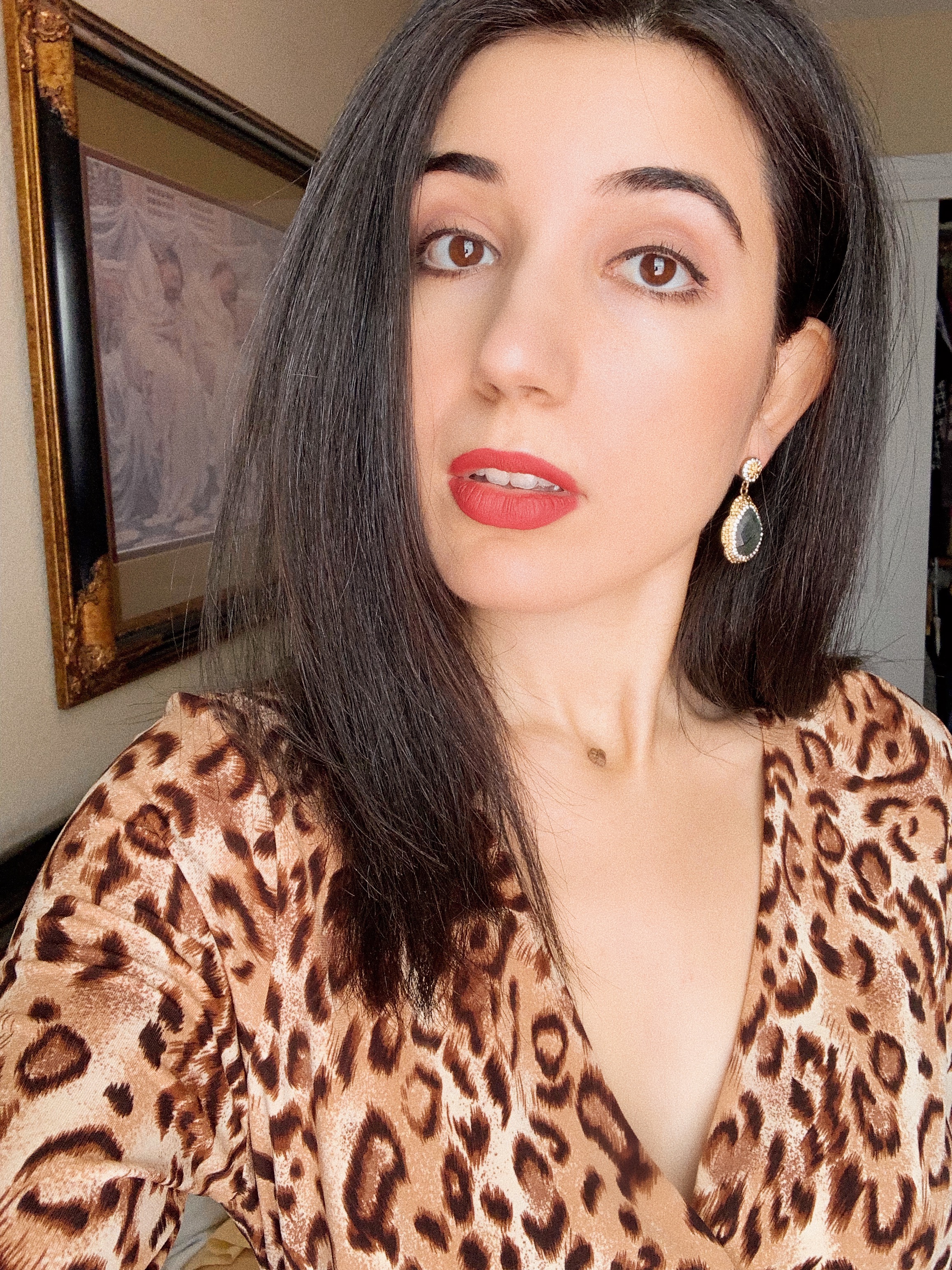social distancing, shelter in place, together at home, I stay home for, stay home, fashion, lifestyle, Sunday brunch, Skype, Zoom, blogger besties, what I wore today, wiw, outfit of the day, ootd, at home outfit, leopard dress, cheetah print, wrap dress, red lips, winged eyeliner, vintage earrings, fashion blogger, style diary, style blogger, home lifestyle, lifestyle blogger