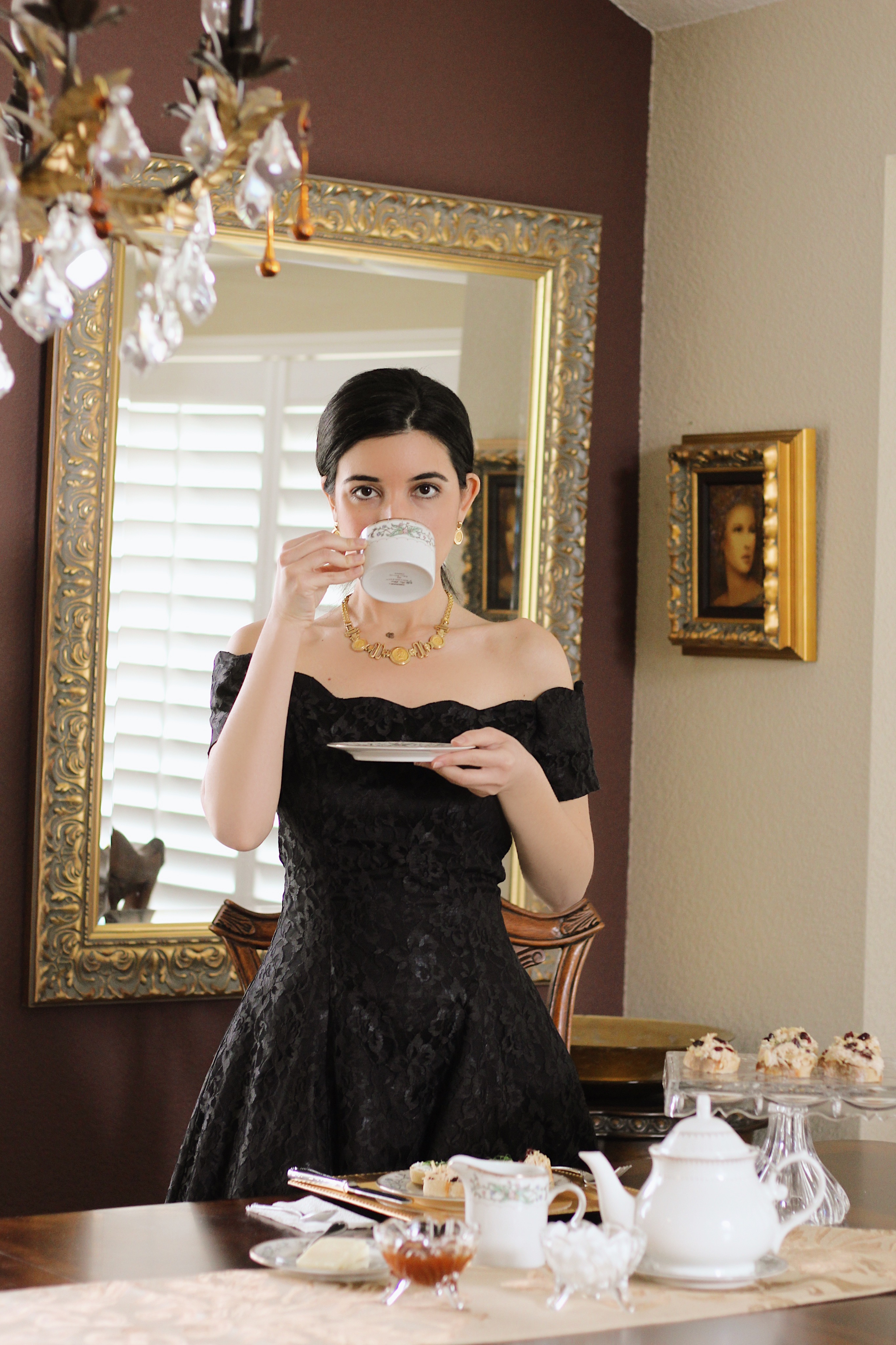 at home together, stop the spread, lookbook, food recipes, loose leaf tea, spring fashion, spring style, family time, afternoon tea, social distancing, Fortnum and Mason, finger sandwiches, tea sandwiches, off-the-shoulder dress, Victorian style dress, tea time, gold jewelry, lace dress, vintage fashion, thrifted, vintage dress, fashion blogger, style blog, lifestyle blogger, COVID19