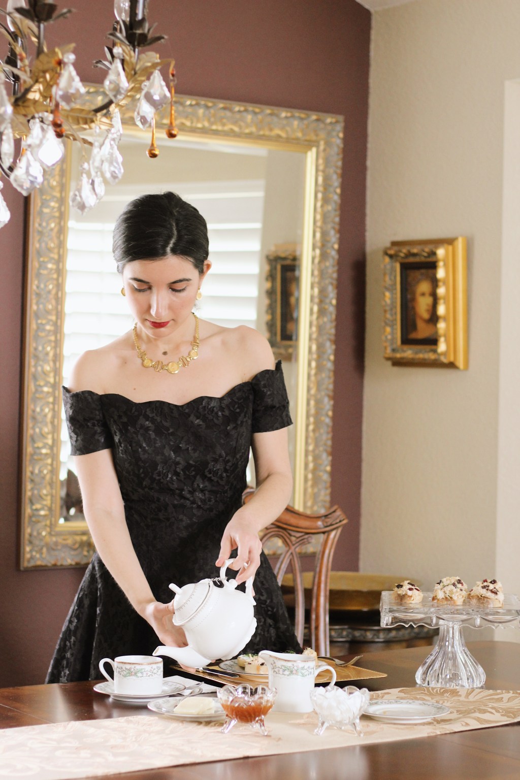 at home together, stop the spread, lookbook, food recipes, loose leaf tea, spring fashion, spring style, family time, afternoon tea, social distancing, Fortnum and Mason, finger sandwiches, tea sandwiches, off-the-shoulder dress, Victorian style dress, tea time, gold jewelry, lace dress, vintage fashion, thrifted, vintage dress, fashion blogger, style blog, lifestyle blogger, COVID19,