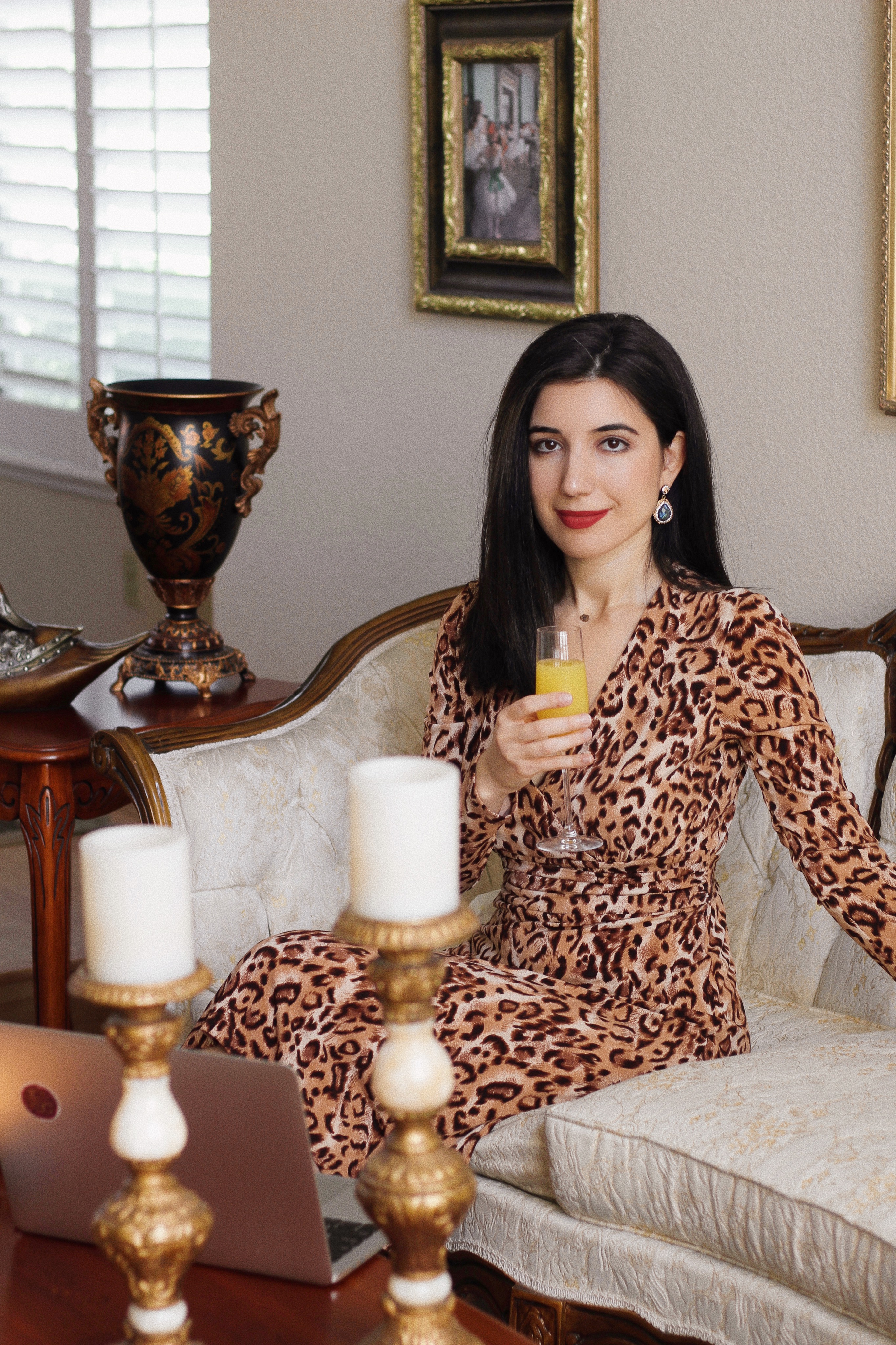 social distancing, shelter in place, together at home, I stay home for, stay home, fashion, lifestyle, Sunday brunch, Skype, Zoom, blogger besties, what I wore today, wiw, outfit of the day, ootd, at home outfit, leopard dress, cheetah print, wrap dress, red lips, winged eyeliner, vintage earrings, fashion blogger, style diary, style blogger, home lifestyle, lifestyle blogger