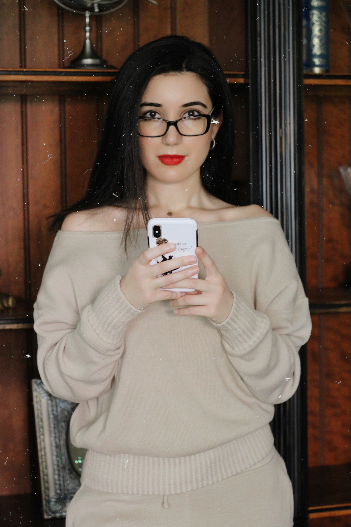 happy at home, WFH, work from home, stay at home, stay at home order, work from home outfits, loungewear, what I wore, what I wore to work, workwear, lookbook, fashion blogger, lifestyle blogger, work from home tips, matching set, blazer, Pretty Little Thing, sweater set, beige, red lips, bookish, bookshelf, antique books