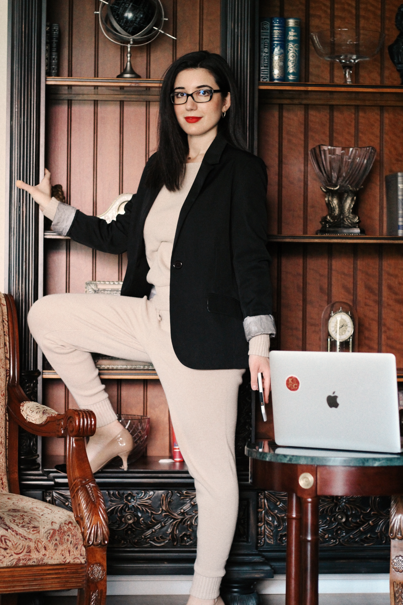 happy at home, WFH, work from home, stay at home, stay at home order, work from home outfits, loungewear, what I wore, what I wore to work, workwear, lookbook, fashion blogger, lifestyle blogger, work from home tips, matching set, blazer, Pretty Little Thing, sweater set, beige, red lips, bookish, bookshelf, antique books