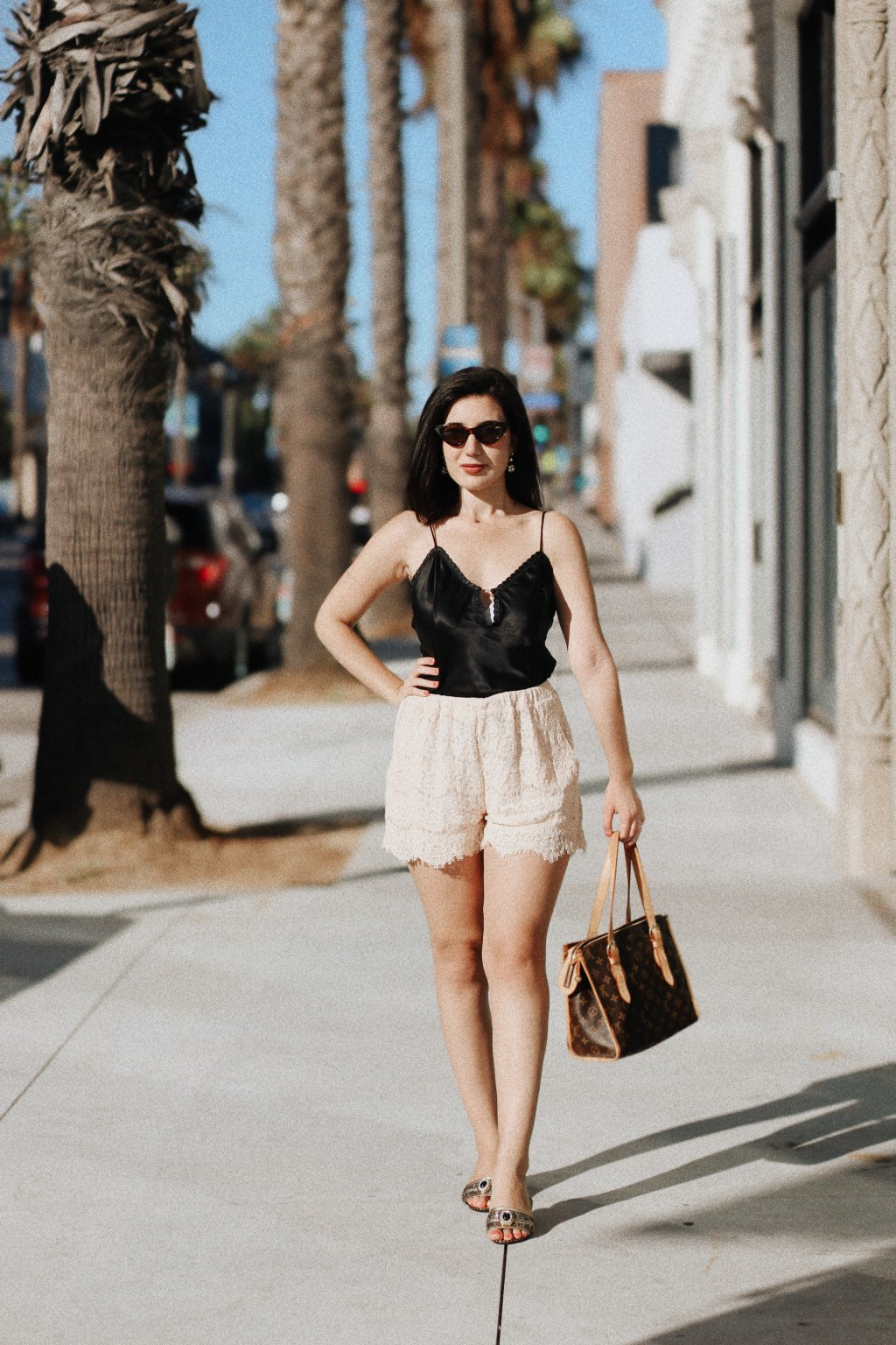 loungewear, lace shorts, black tank top, vintage shoes, Louis Vuitton, Louis Vuitton bag, lookbook, fashion blogger, fashion, summer 2020, summer 2020 style, California style, at home fashion, summer at home, at home inspiration, Los Angeles, LA blogger, LA fashion blogger, Los Angeles blog, what I wore, fashion advice, outfit of the day, vintage finds, vintage shopping, TJ Maxx
