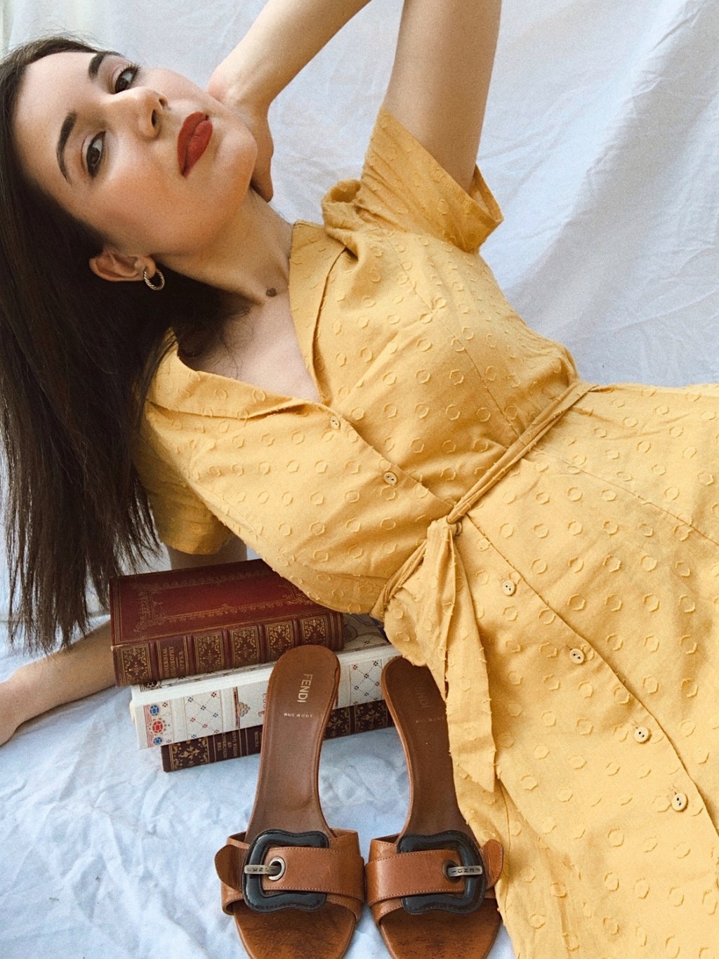 Majorelle, Majorelle dress, revolve, closet tips, maximize your wardrobe, clothing swap, capsule wardrobe, vintage clothes, vintage fashion, Fendi, fashion blogger, outfit of the day, bedsheet photo shoot, style blog, wardrobe on a budget, gold hoop earrings, red lips, lifestyle blogger, quarantine, pandemic, quarantine fashion, at home, work from home, work from home style, minimal wardrobe, minimalist
