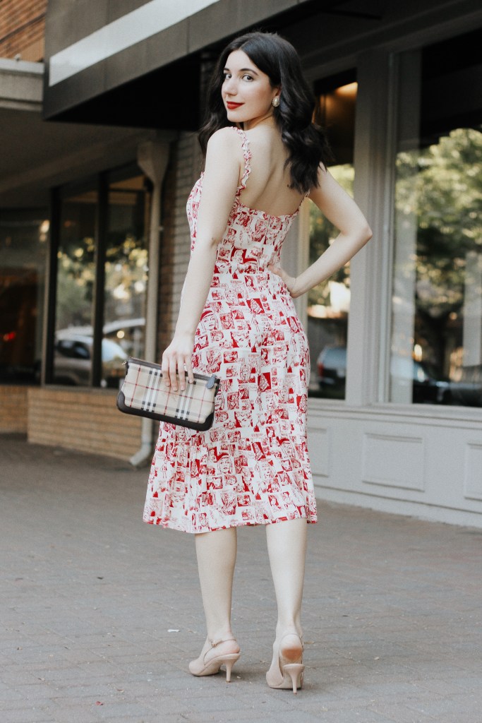 Reformation dress, summer dress, red dress, comic book dress, sundress, midi dress, sleeveless dress, sustainable fashion, ethical fashion, sustainable style, ootd, outfit of the day, birthday, birthday outfit, summer outfit, nude pumps, Burberry, clutch, fashion editorial, red lipstick, Colourpop Cosmetics, vintage earrings, vintage jewelry, fashion blogger, California blogger, Los Angeles blogger, style blogging, vintage fashion blogger
