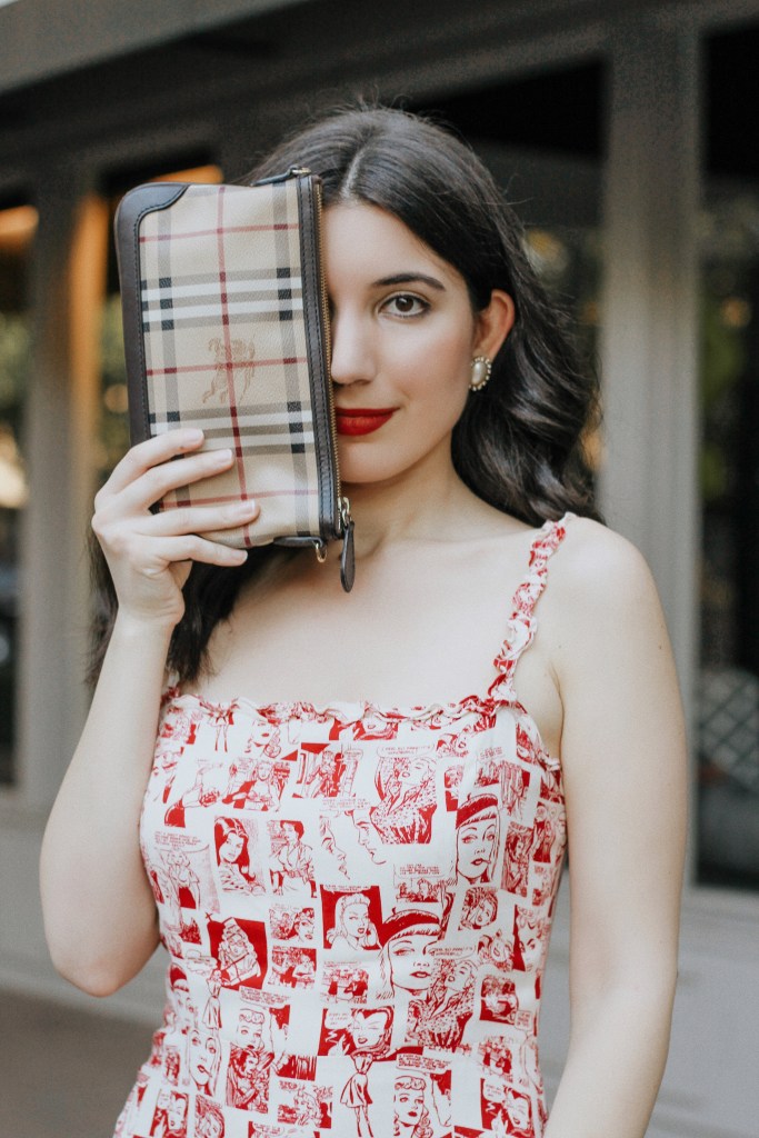 Reformation dress, summer dress, red dress, comic book dress, sundress, midi dress, sleeveless dress, sustainable fashion, ethical fashion, sustainable style, ootd, outfit of the day, birthday, birthday outfit, summer outfit, nude pumps, Burberry, clutch, fashion editorial, red lipstick, Colourpop Cosmetics, vintage earrings, vintage jewelry, fashion blogger, California blogger, Los Angeles blogger, style blogging, vintage fashion blogger