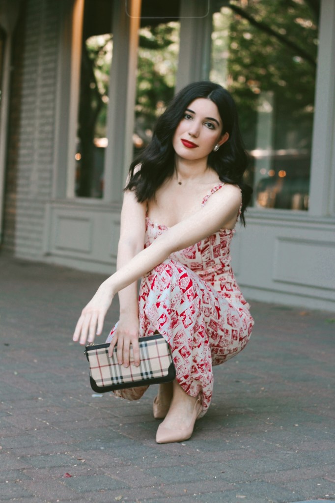Reformation dress, summer dress, red dress, comic book dress, sundress, midi dress, sleeveless dress, sustainable fashion, ethical fashion, sustainable style, ootd, outfit of the day, birthday, birthday outfit, summer outfit, nude pumps, Burberry, clutch, fashion editorial, red lipstick, Colourpop Cosmetics, vintage earrings, vintage jewelry, fashion blogger, California blogger, Los Angeles blogger, style blogging, vintage fashion blogger