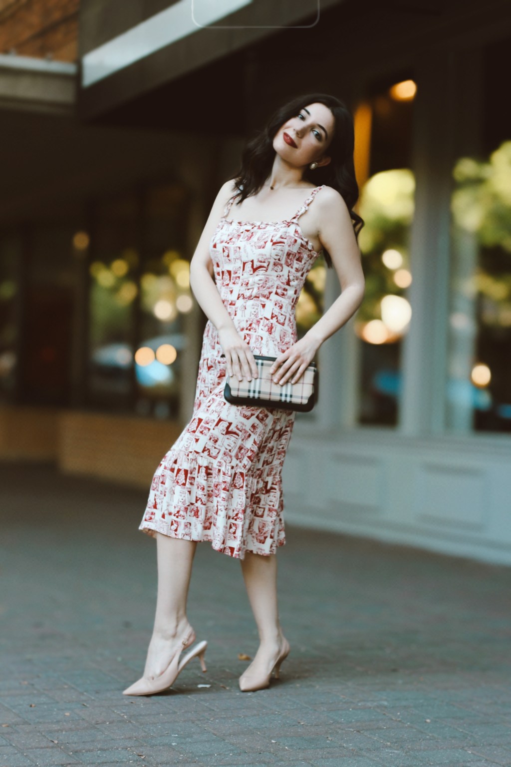 Reformation dress, summer dress, red dress, comic book dress, sundress, midi dress, sleeveless dress, sustainable fashion, ethical fashion, sustainable style, ootd, outfit of the day, birthday, birthday outfit, summer outfit, nude pumps, Burberry, clutch, fashion editorial, red lipstick, Colourpop Cosmetics, vintage earrings, vintage jewelry, fashion blogger, California blogger, Los Angeles blogger, style blogging, vintage fashion blogger