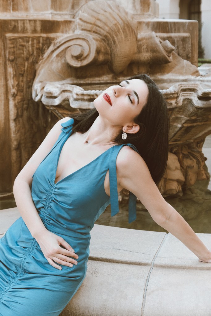 Pasadena, Pasadena City Hall, Jeffrey Campbell, blue dress, mermaid dress, cocktail dress, ruched fabric, ruches dress, see through heels, strappy heels, Lucy Paris, California, fashion blogger, fashion, outfit of the day, lookbook, look of the day, style diary, think positive