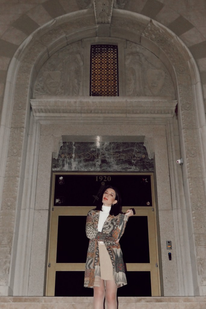 patchwork coat, quilted coat, topper coat, Fifteen Twenty, patterned coat, white turtleneck, Zara, Zara turtleneck, knit skirt, waist belt, satin belt, vintage earrings, neutral outfit, monochrome outfit, winter wear, winter wardrobe, winter fashion, winter 2020, fashion blogger, blogger style, nude pumps, avant garde, historic architecture, gilded age architecture, jazz age architecture,