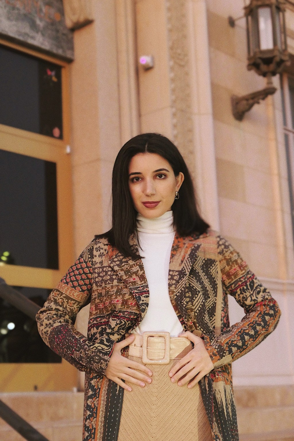 patchwork coat, quilted coat, topper coat, Fifteen Twenty, patterned coat, white turtleneck, Zara, Zara turtleneck, knit skirt, waist belt, satin belt, vintage earrings, neutral outfit, monochrome outfit, winter wear, winter wardrobe, winter fashion, winter 2020, fashion blogger, blogger style, nude pumps, avant garde, historic architecture, gilded age architecture, jazz age architecture,