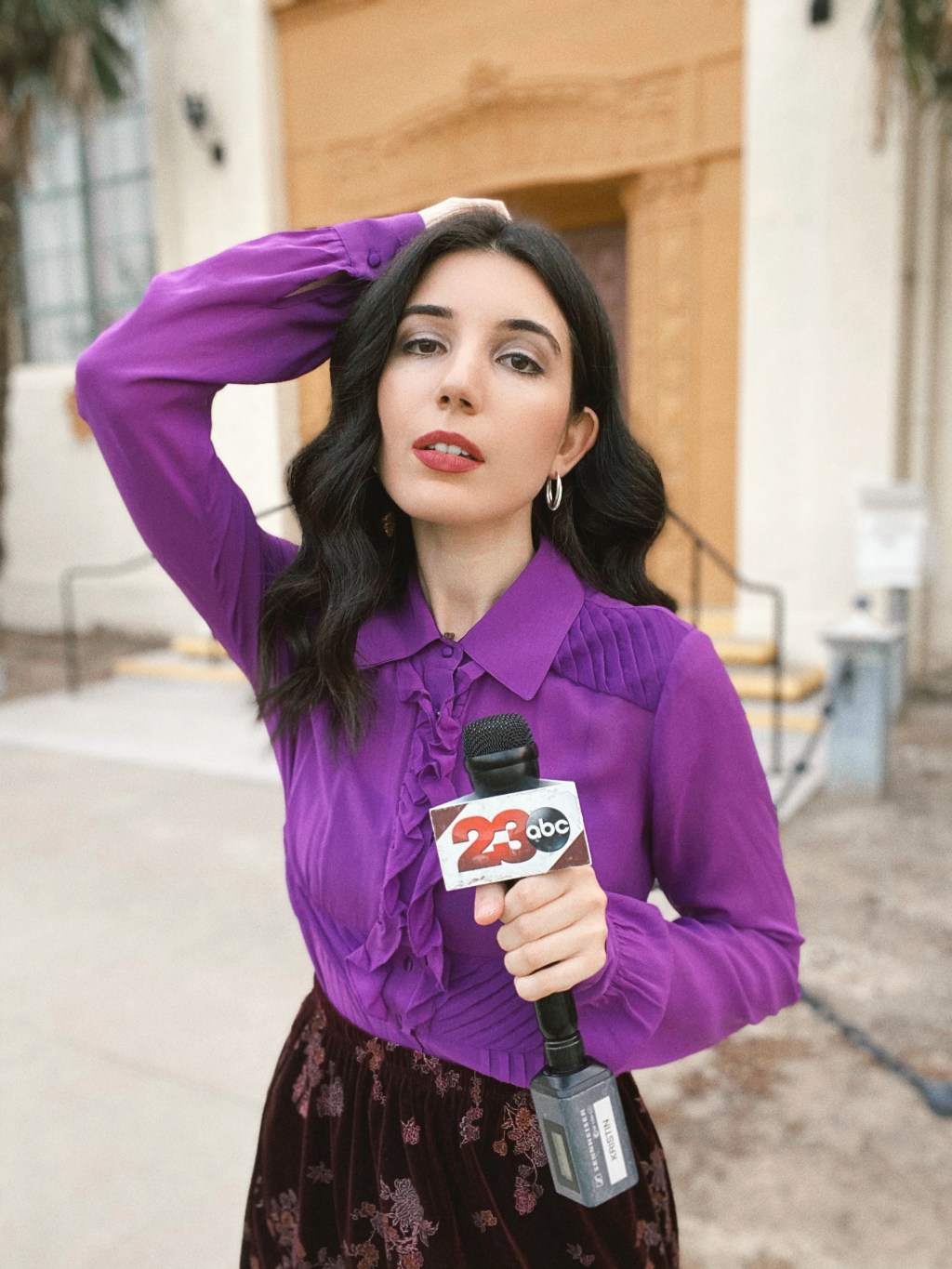 Edwardian top, purple top, ruffle top, velvet skirt, outfit of the day, ootd, vintage style, vintage top, silver earrings, silver hoop earrings, fashion blogger, on-camera reporter, style blog, outfit ideas, work outfits, work style, professional style